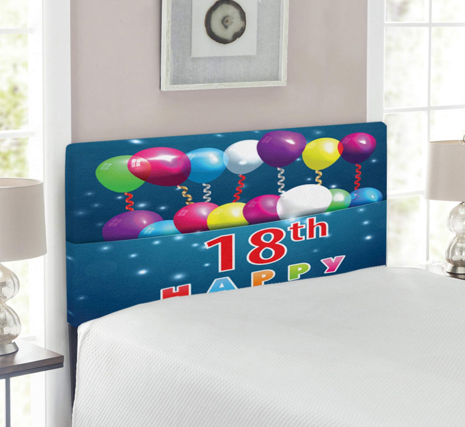 Ambesonne 18th Birthday Headboard - Colorful Balloon & Star Design Upholstered Metal Bed Frame with Memory Foam, Twin Size Blue & White - Perfect for Teen Bedrooms, Birthday Parties & Dorm Decor