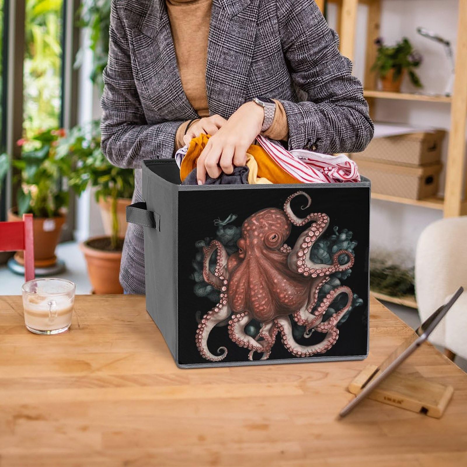 6-Piece Collapsible Storage Bins with Handles - Octopus Design Foldable Storage Boxes for Home Organization, Closet, Pantry & Shelves | Space-Saving Multi-Purpose Storage Baskets for Toys, Books & Household Items