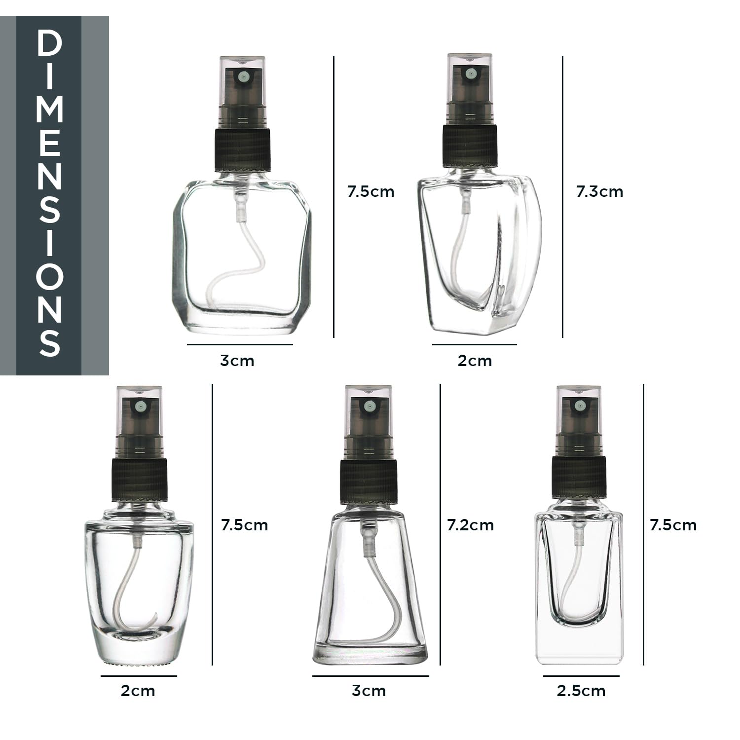 Refillable Glass Perfume Bottles with Black Spray Pump - 5pc Set for Essential Oils, Aromatic Water & Fragrance Blends | Assorted Shapes & Sizes | Perfect for DIY Perfume Making, Travel & Home Fragrance