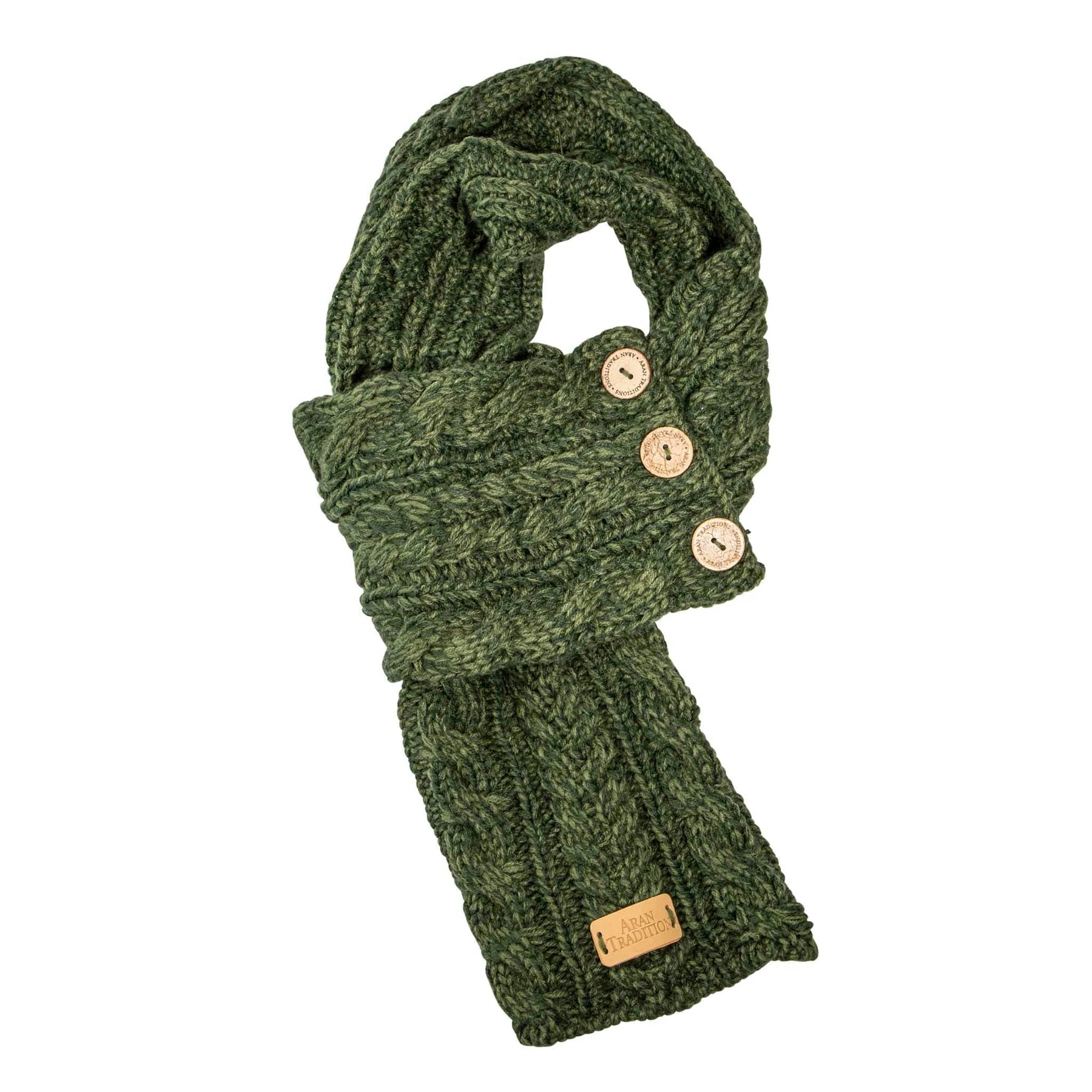 Aran Cable Knit Button Wrap Scarf - Soft Warm Green Winter Shawl for Women | Cozy Outdoor & Indoor Fashion Accessory