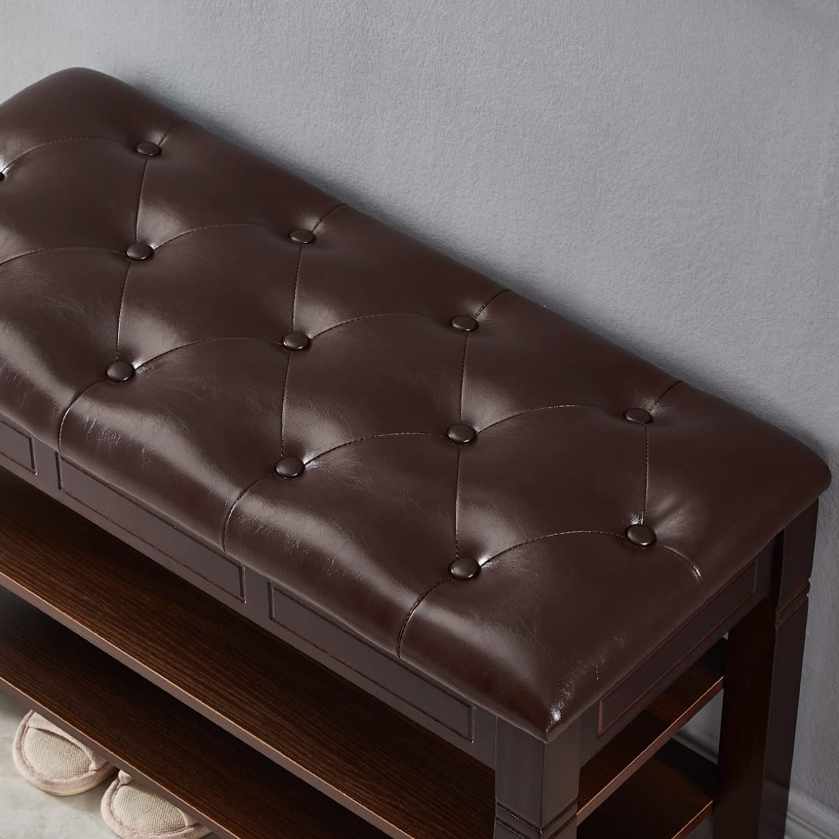 2-Tier Shoe Storage Bench with Lift Top & Fiberleather Seat - Wooden Entryway Shoe Rack Organizer for Hallway, Living Room (Dark Brown, 39.4
