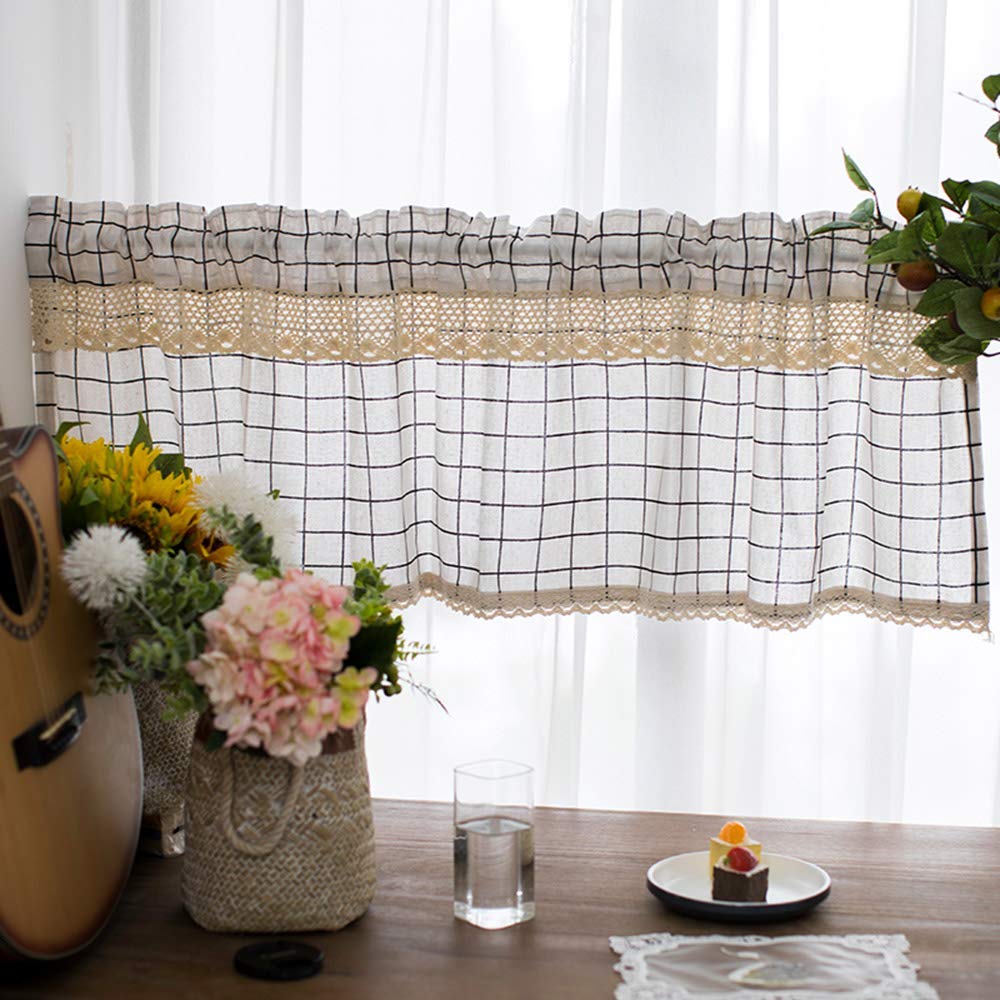 Cotton Linen Kitchen Curtains - Black Stripe White Gingham Half Cafe Curtain for Cabinet, Bathroom & Kitchen Window - Perfect for Farmhouse, Cottage & Rustic Home Decor