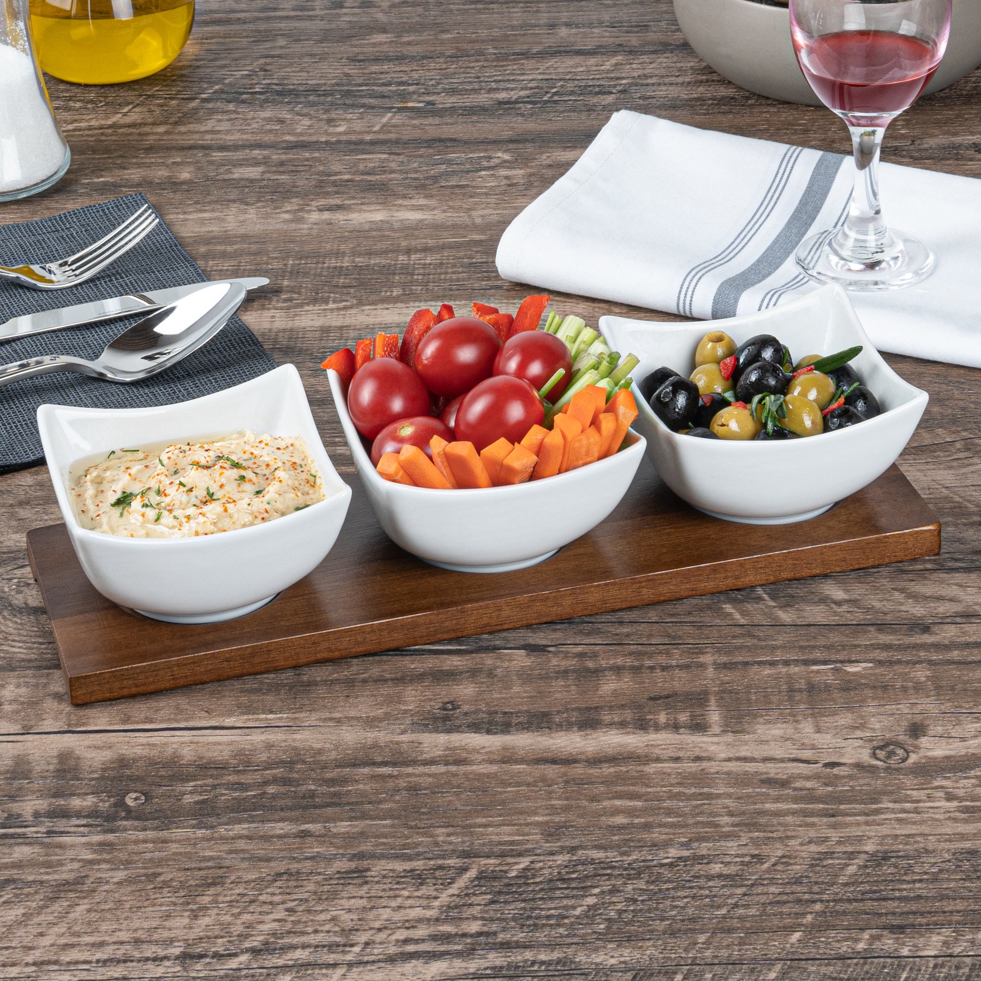 15 oz White Porcelain Cocktail Bowl Set with Bamboo Tray - 3 Rectangle Bowls (12x4x2.5 Inches) for Appetizers, Sushi & Party Snacks - Premium Dinnerware for Home & Restaurant Use
