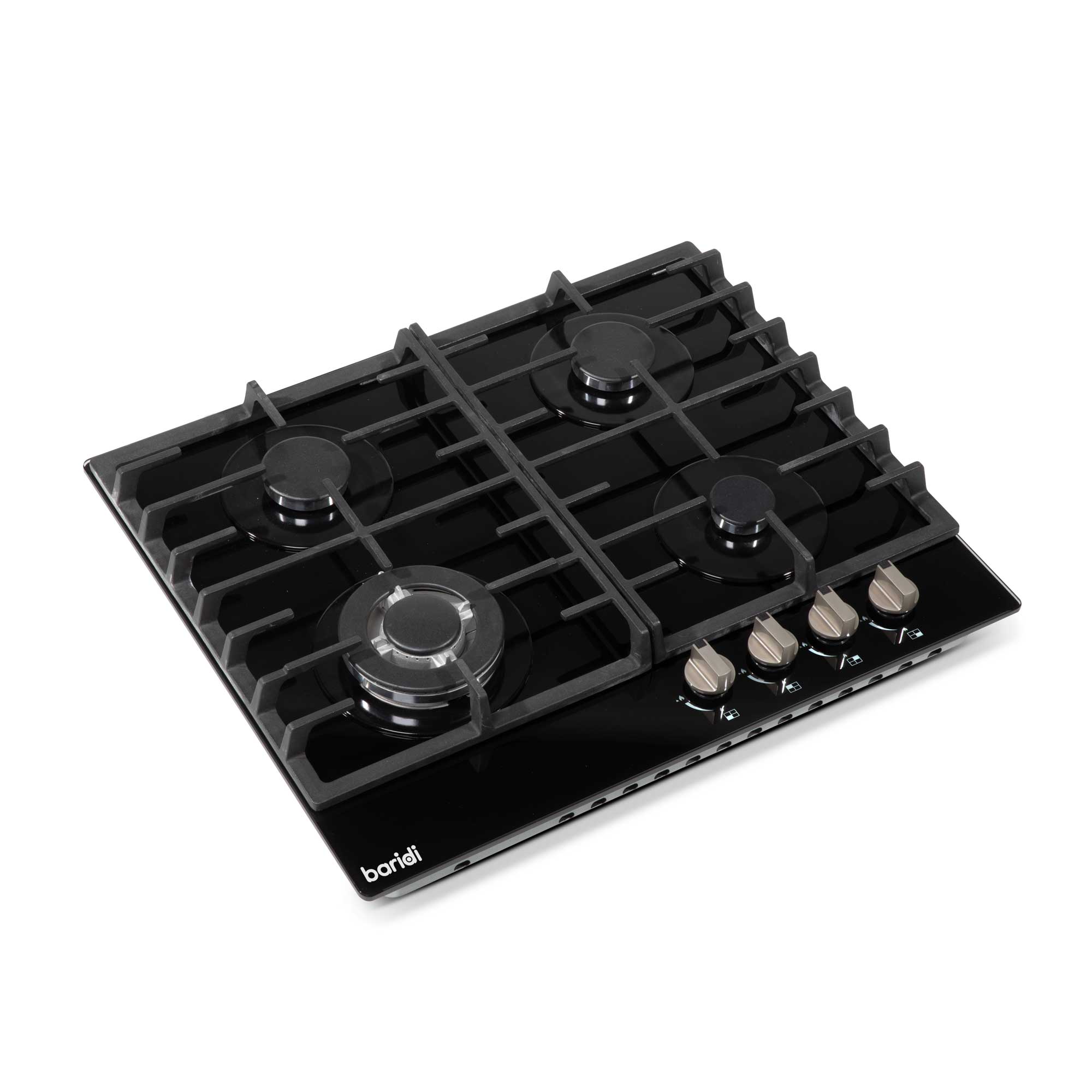 Baridi 60cm Built-In Gas on Glass Hob - 4 Burner with Cast Iron Pan Supports, Black Glass - Perfect for Modern Kitchens & Home Cooking (Model DH226)