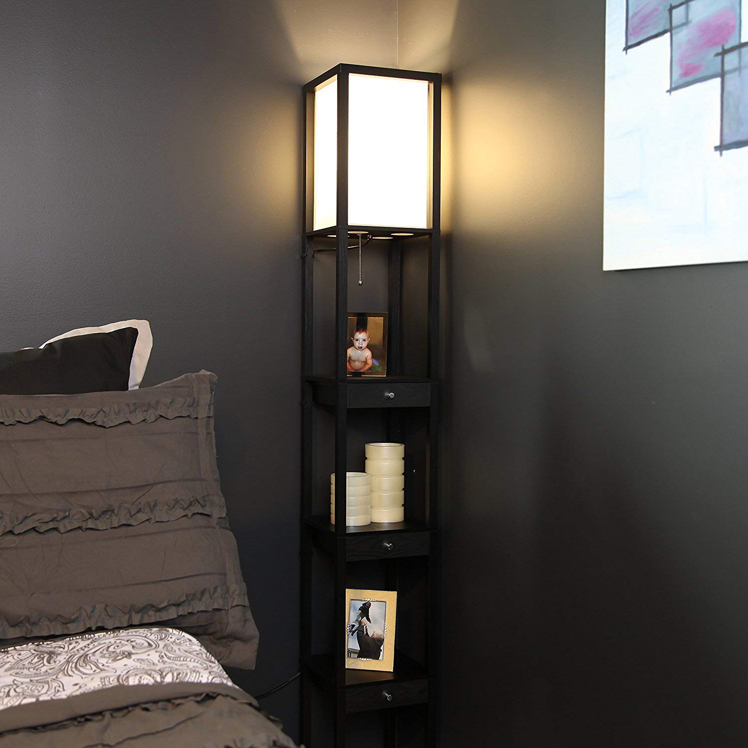 Brightech Maxwell Modern LED Floor & Table Lamp Set of 2 with USB Port & Storage Drawers - Wood Frame Bedside Lamp with Soft Ambient Lighting for Bedroom, Living Room & Office - Black Nightstand Lamp for Reading & Relaxation