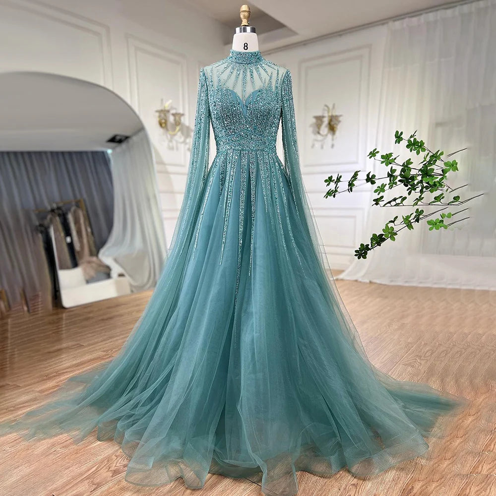Elegant Arabic Turquoise Beaded A-Line Evening Gown with Cape Sleeves - Dubai Inspired Women's Wedding Party Dress LA72199 | Perfect for Formal Events, Red Carpet & Special Occasions