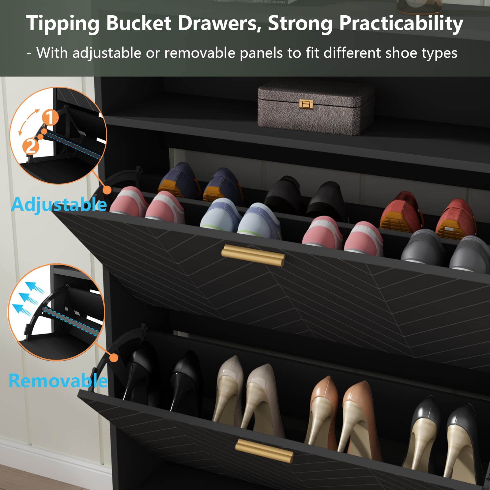 Modern Tipping Bucket Shoe Storage Cabinet with 2 Flip Drawers - Space Saving Entryway Shoe Rack with Storage Top Cubby, Narrow Slim Hidden Organizer with Doors - Freestanding Shoe Cabinet for Small Spaces (Black) | Perfect for Apartments, Hallways & Closet Organization