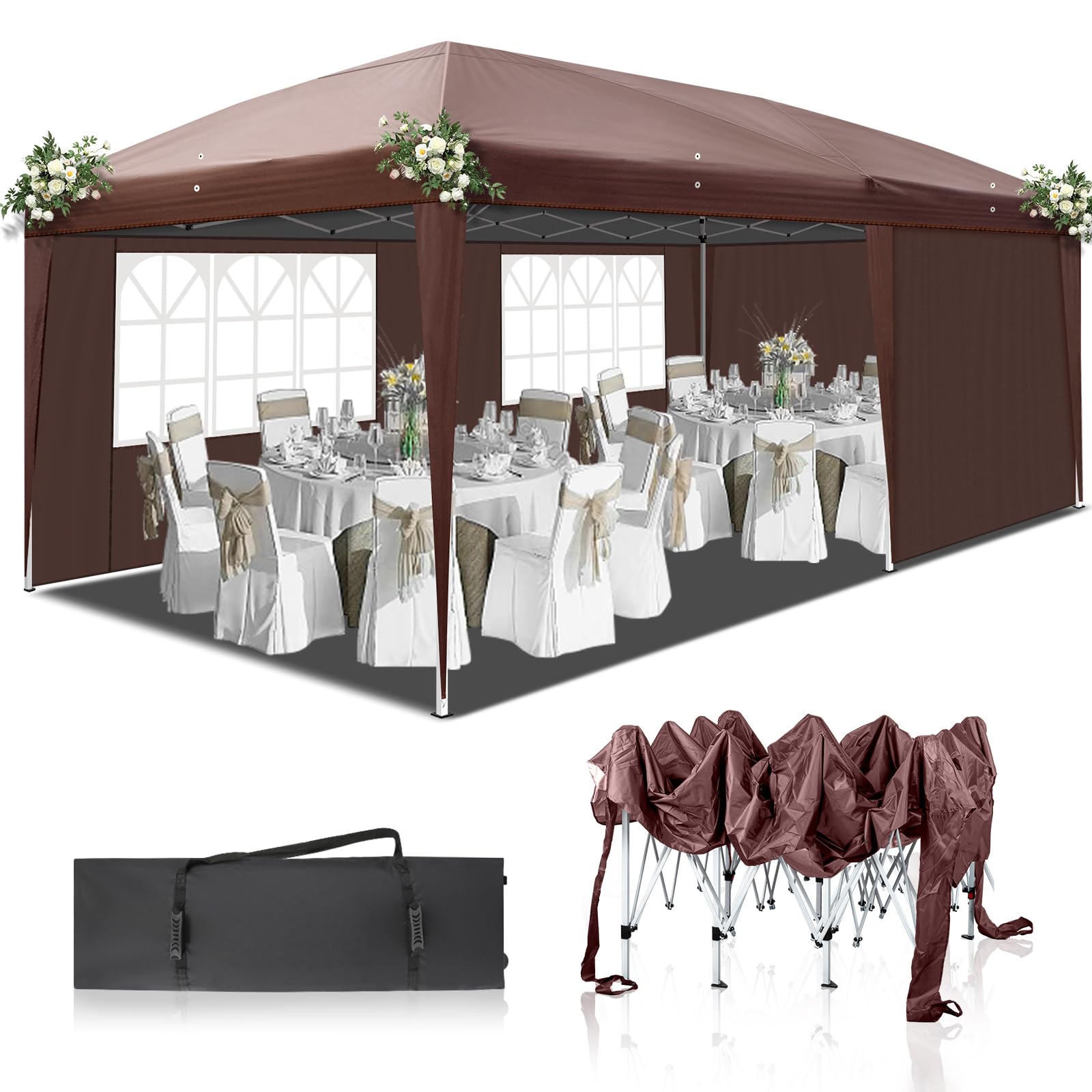 Outvita 10x20ft Ez Pop Up Canopy Tent - Portable Instant Shelter with 4 Sidewalls for Outdoor Events, Parties, Weddings, Birthdays & Graduations (Brown) | Perfect for Backyard BBQs, Farmers Markets, Beach Picnics & Camping Trips