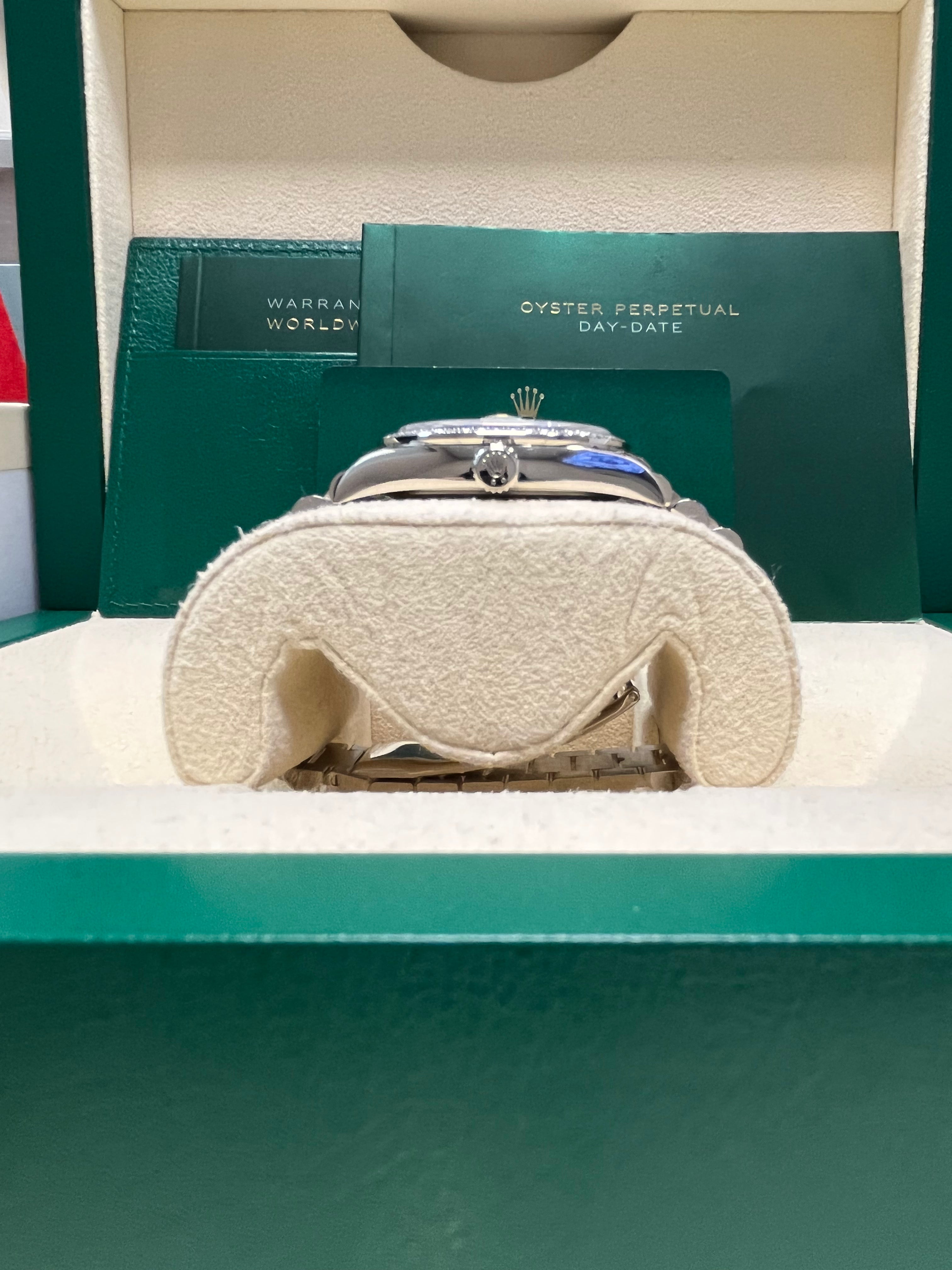 Rolex Day Date 36mm Blue Ombre Diamond Bezel White Gold President Bracelet Watch 128349RBR - Luxury Dress Watch for Business & Formal Occasions