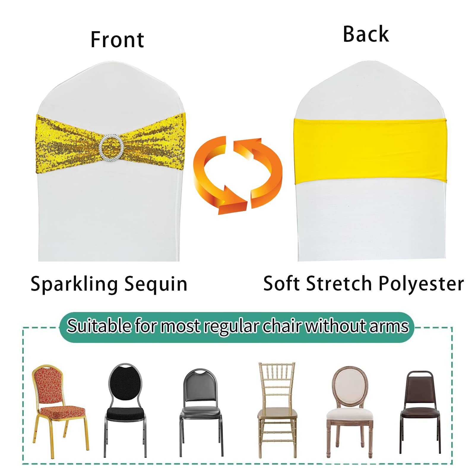 100 Gold Stretch Sequin Chair Sashes - Elegant Spandex Bands for Wedding Decor, Banquet Reception & Party Chair Decorations (Pack of 100) - Perfect for Romantic Events, Bridal Showers & Anniversary Celebrations