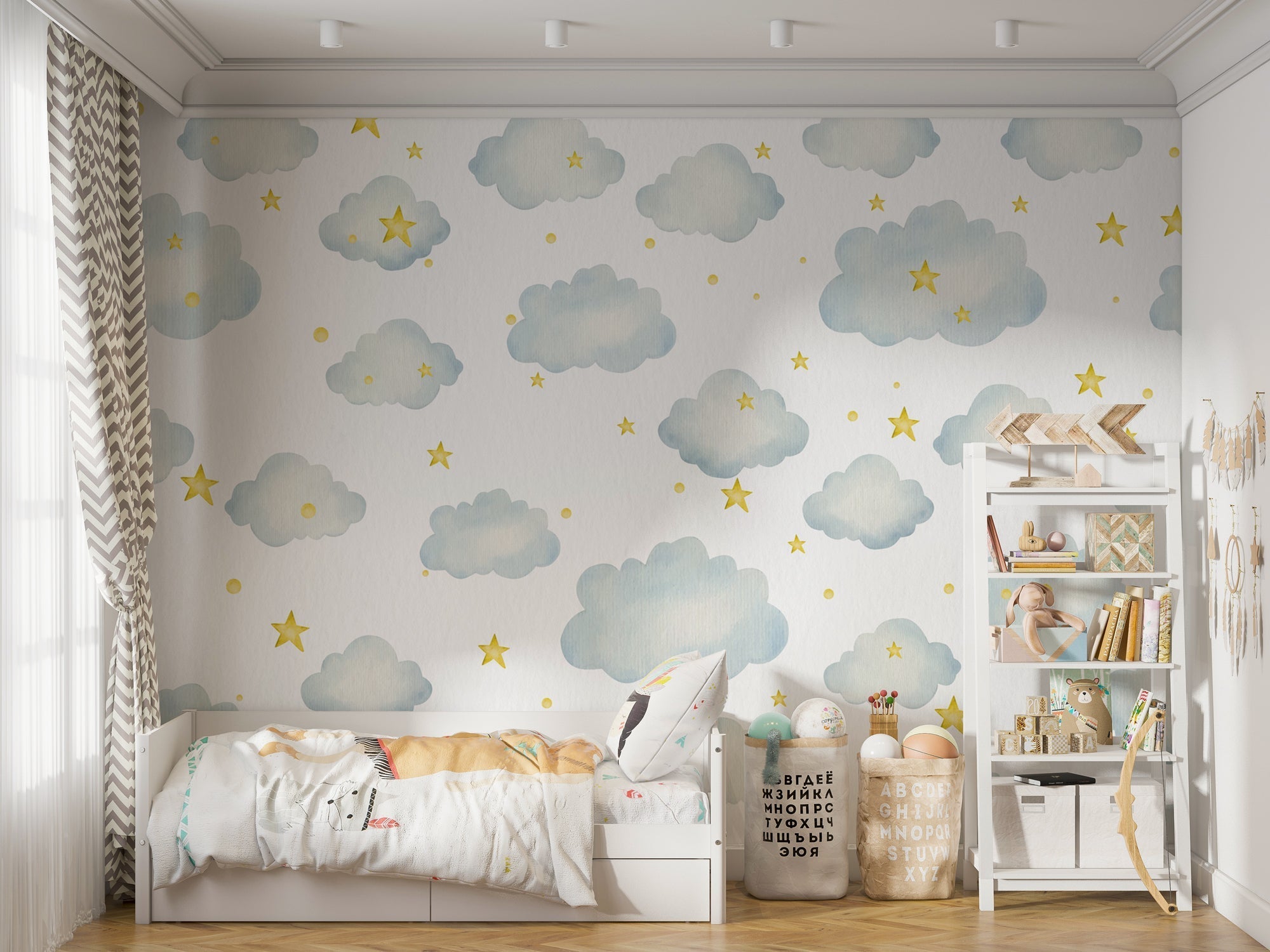 Stars and Clouds Kids Room Wallpaper Mural - Space Themed Nursery Decor for Boys & Girls - Perfect for Bedroom, Playroom & Daycare Walls