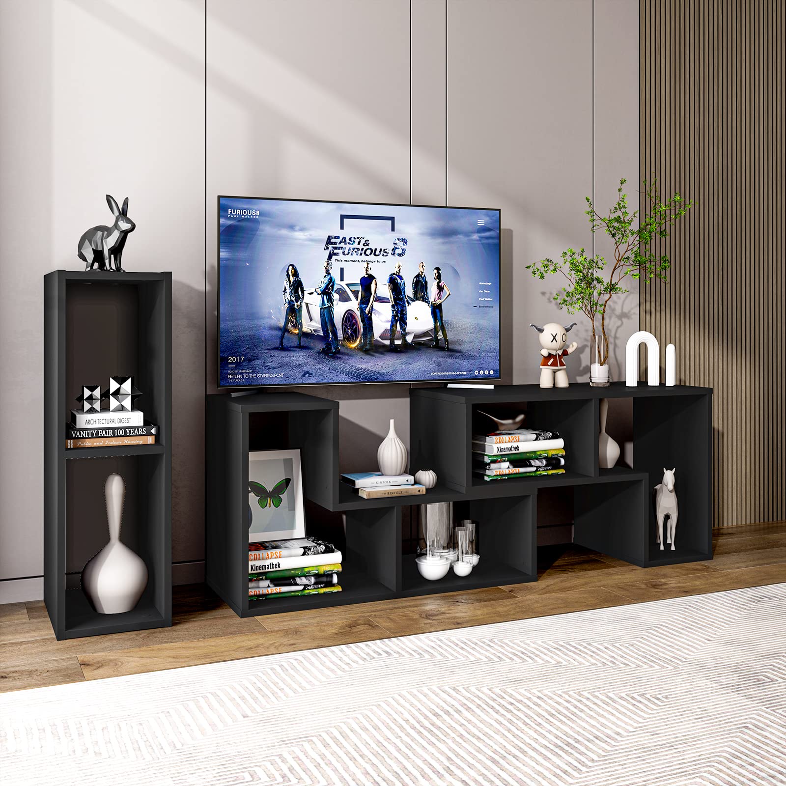 Tangkula 3-Piece Modular TV Stand for 50-65 Inch TVs - Modern Entertainment Center with Open Storage Shelves, DIY Media Console for Living Room, Bedroom & Home Theater (Black)