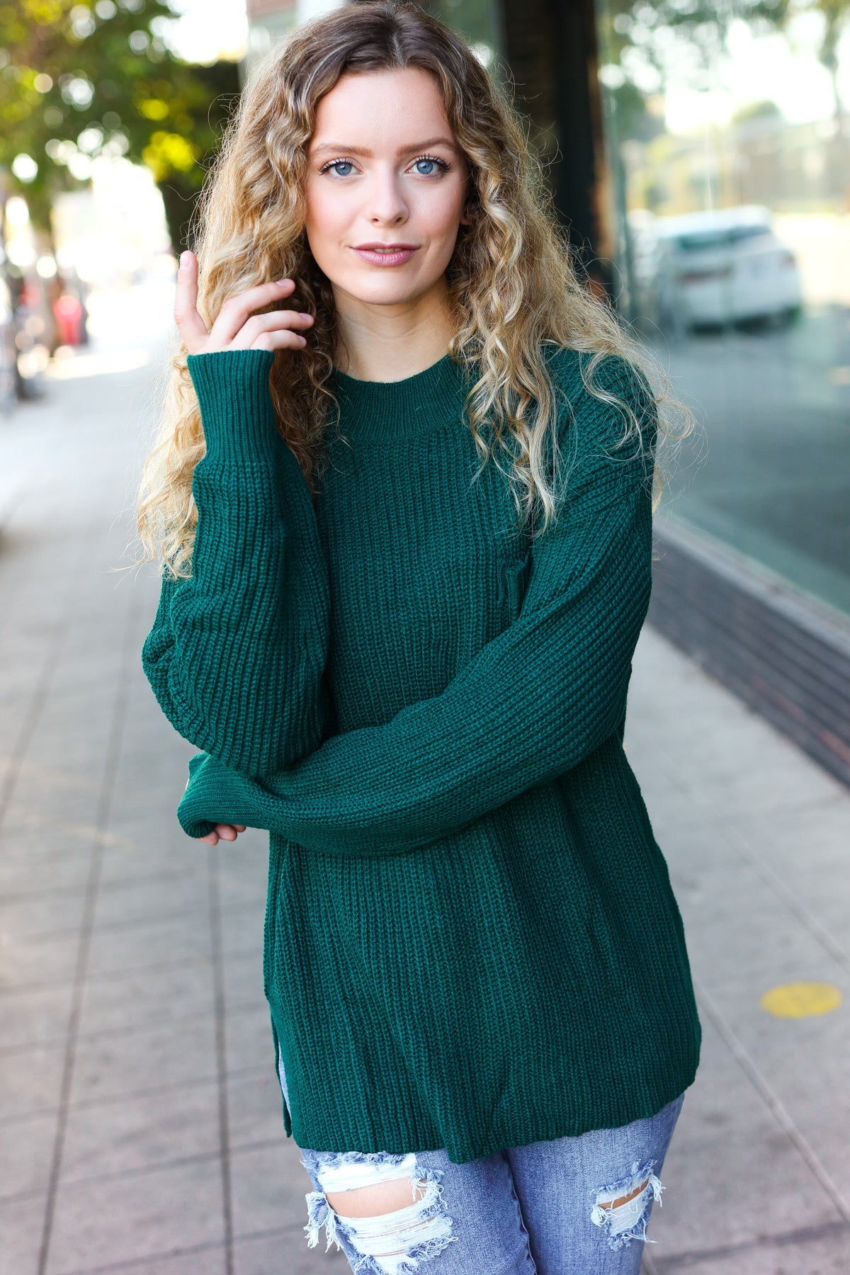 Stylish Hunter Green Mock Neck Knit Sweater with Chest Pocket - Cozy Winter Wear for Women | Perfect for Casual Outings & Office Attire