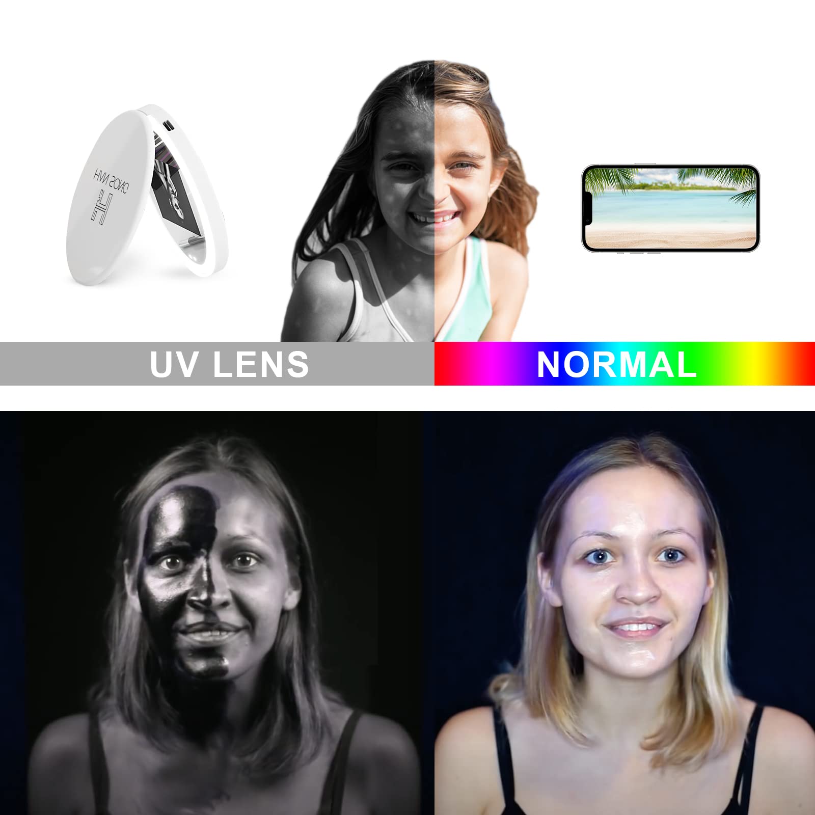Compact UV Camera Mirror for Sunscreen Application - 2X Magnification Travel Makeup Mirror with 3.5in Folding Design | Perfect for Travel, Home Makeup & Sun Protection Check | Handheld 2-Sided Pocket Mirror