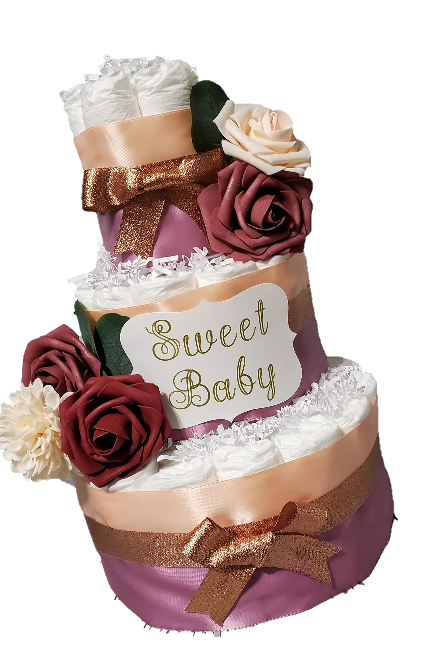 3-Tier Dusty Rose & Rose Gold Diaper Cake with Silk Roses and Dahlias - Perfect Baby Shower Gift for Gender Reveal, Nursery Decor & New Mom Celebration