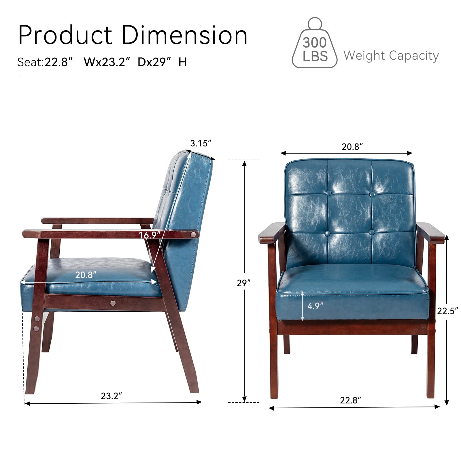 Okeysen Mid-Century Modern Leather Accent Chairs Set of 2 - Retro Blue Armchairs with Cushions & Solid Wood Frame for Living Room, Lounge, Office or Reading Nook