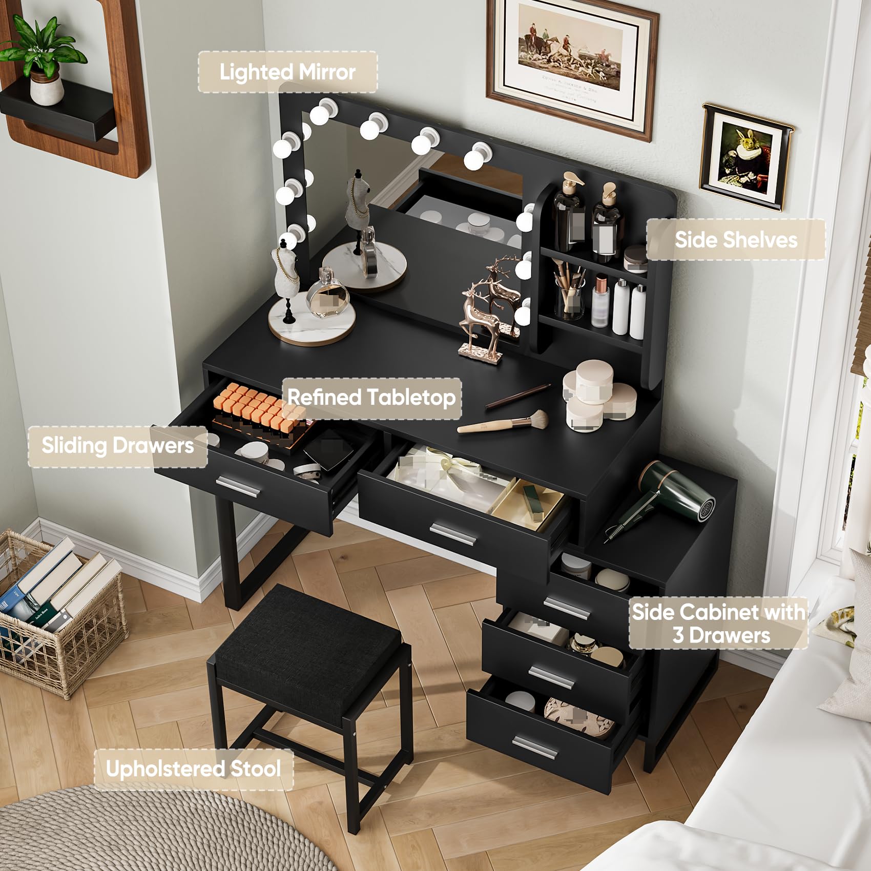 Adjustable LED Makeup Vanity Desk with Mirror & 5 Drawers - 3 Color Lighting Modes & Brightness Control - Black Dressing Table for Bedroom, Salon & Home Beauty Station