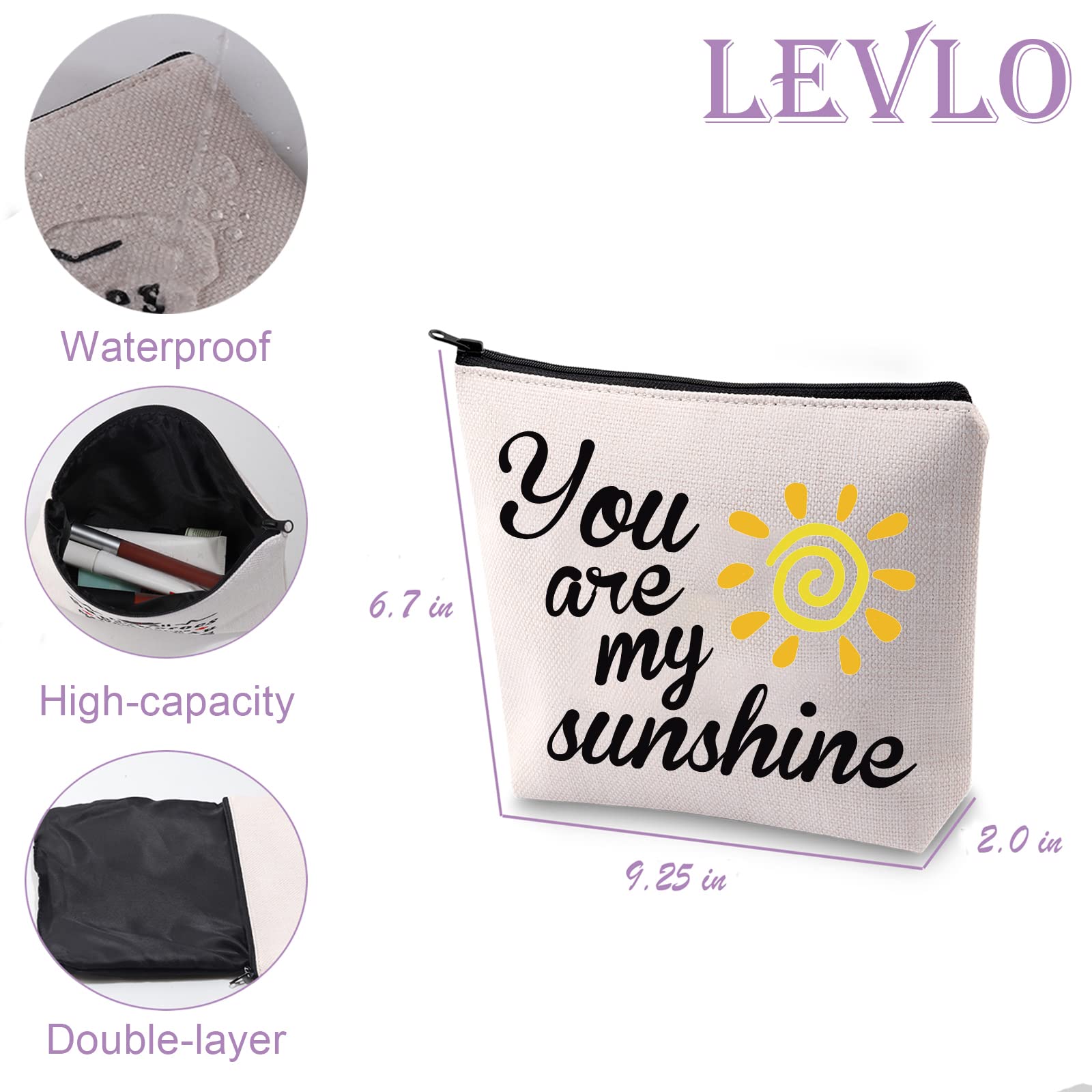 LEVLO Sunshine Makeup Bag - Waterproof Cosmetic Organizer with Zipper, Cute 