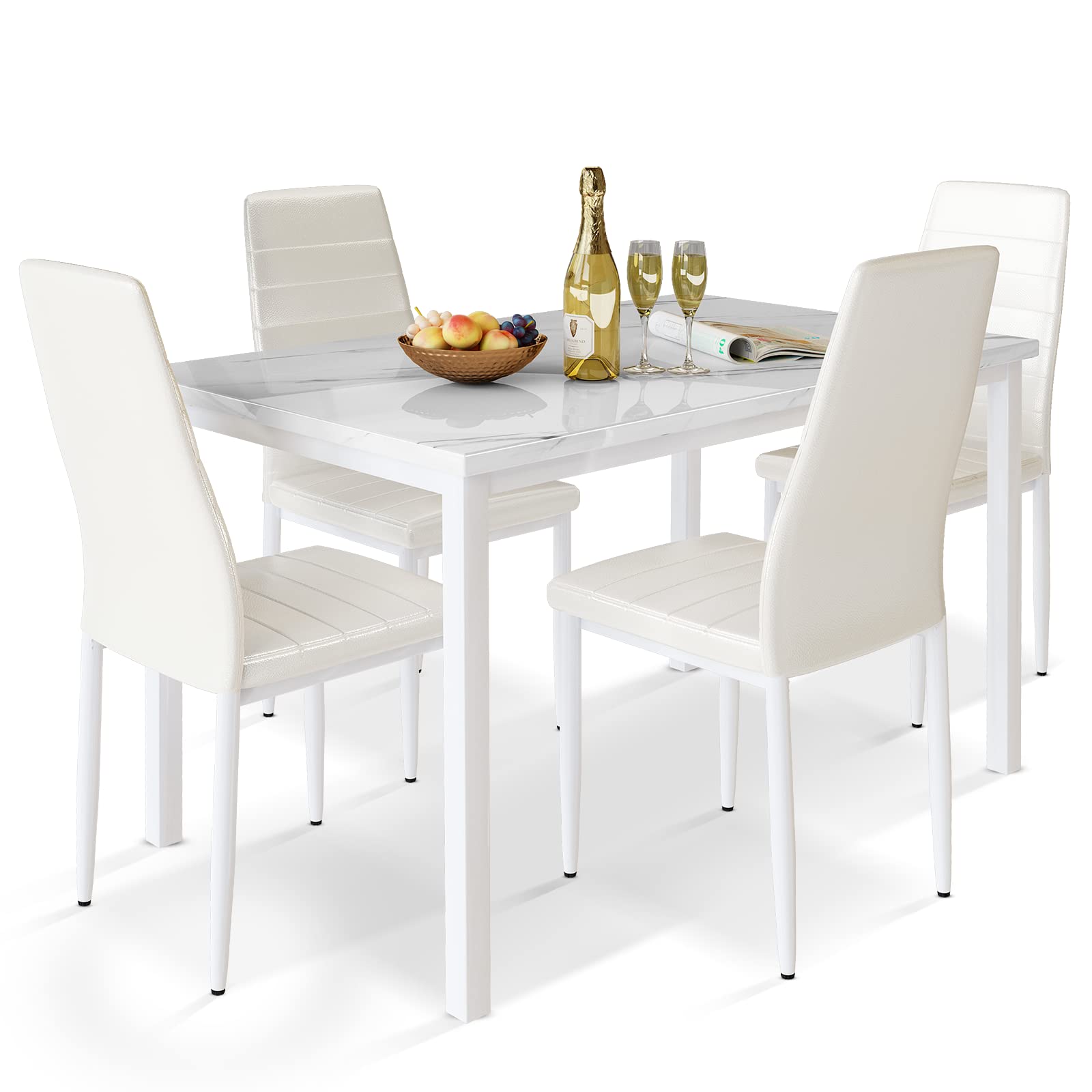 Modern 5-Piece Dining Table Set for 4 - White Faux Marble Kitchen Table with Upholstered Leather Chairs | Space-Saving Dining Room Furniture for Small Spaces, Breakfast Nook & Apartment Dinette | Perfect for Family Meals, Entertaining Guests & Cozy Dining