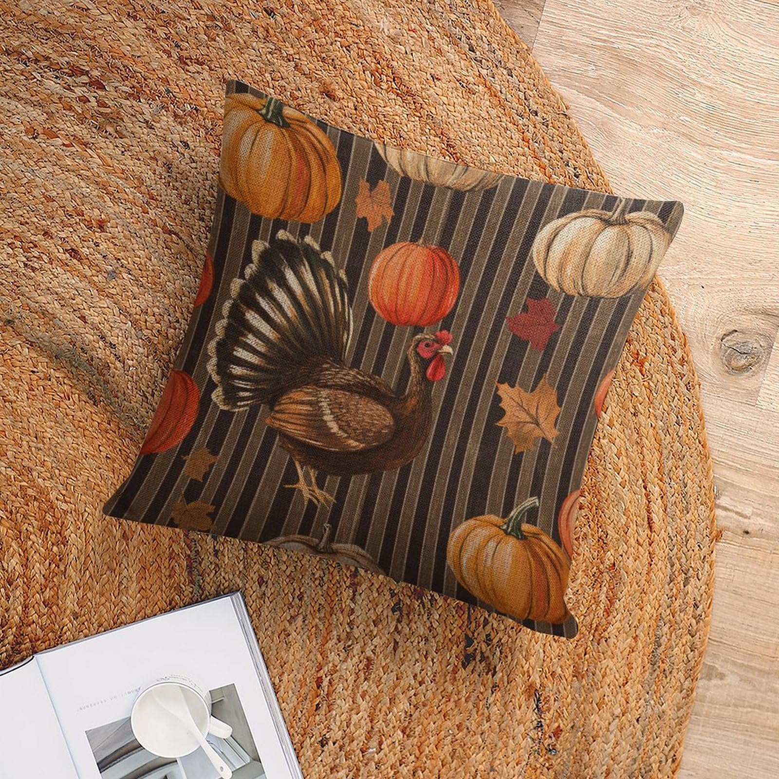 Thanksgiving Turkey Squash Autumn Harvest Pillow Cover 22x22 Inch - Farmhouse Decor with Maple Leaves for Sofa, Couch & Home Decor | Cozy Fall & Thanksgiving Decoration