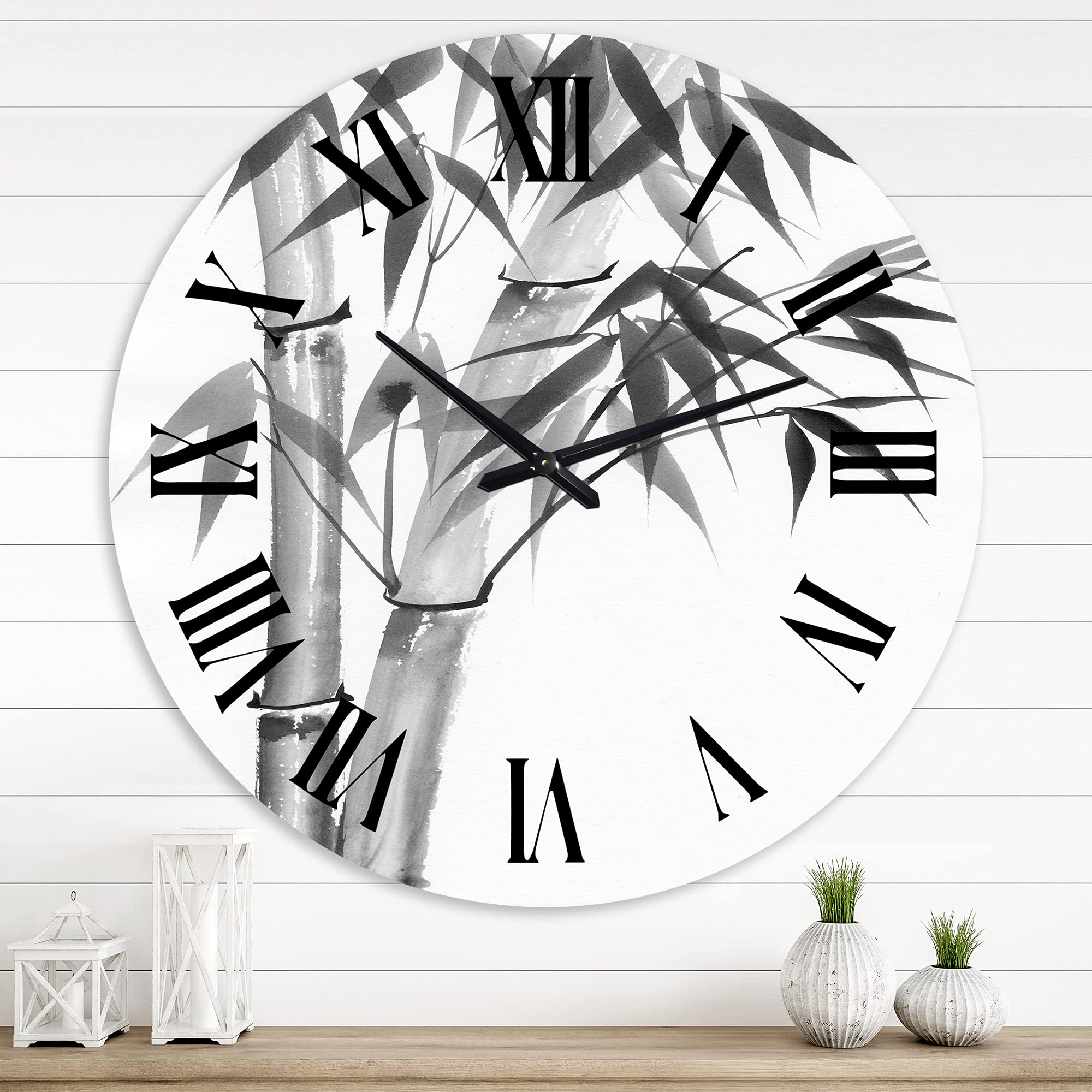 Vintage Monochrome Bamboo Wall Clock - Large Traditional Floral & Botanical Wall Clock for Kitchen, Living Room, Bedroom Decor - Perfect for Home, Office & Farmhouse Style
