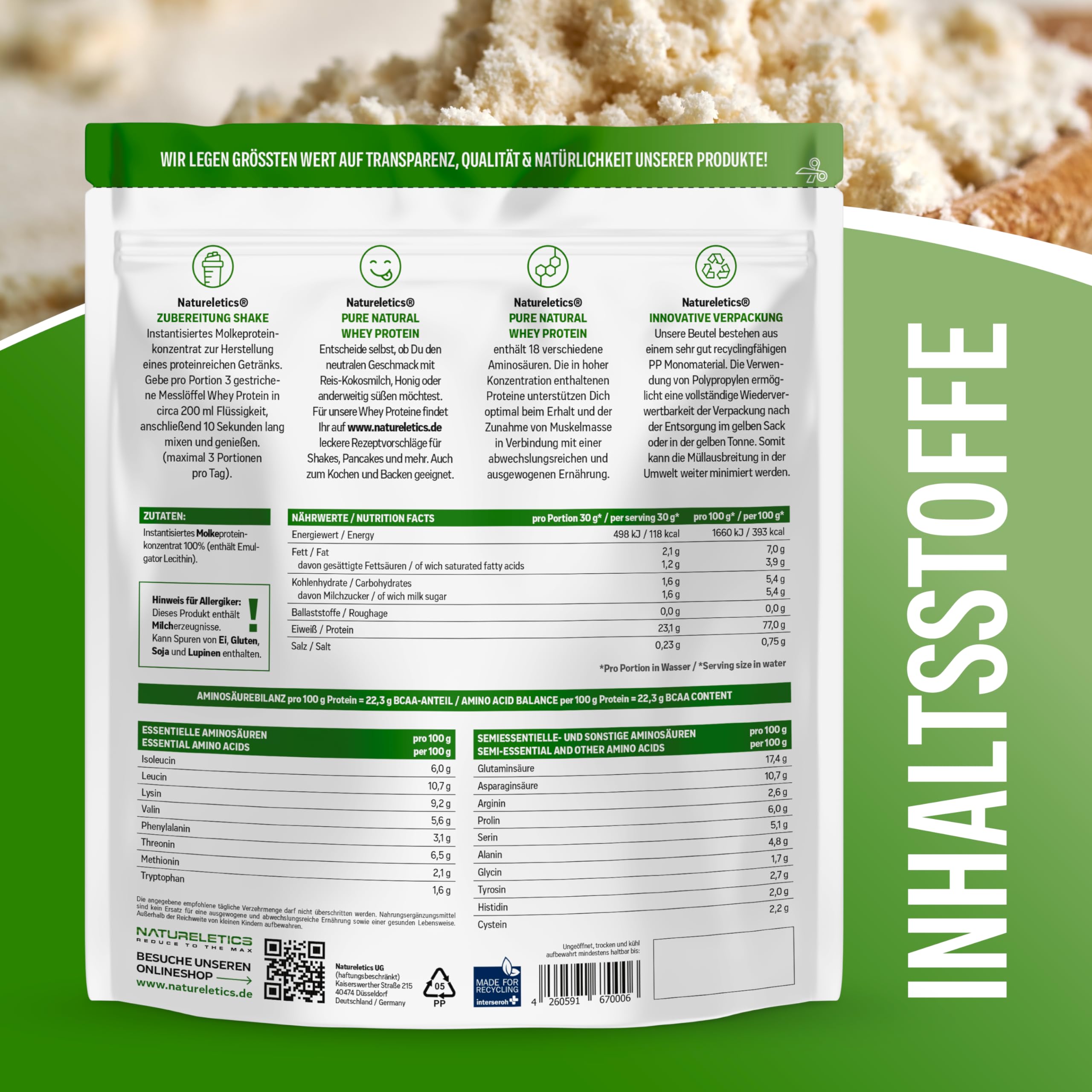 NATURELETICS 1 kg 100% Pure Instantized Premium Whey Protein Powder - Unsweetened, No Added Sugar, High 22% BCAA Content, Neutral Flavor | Ideal for Post-Workout Recovery, Muscle Building & Weight Management