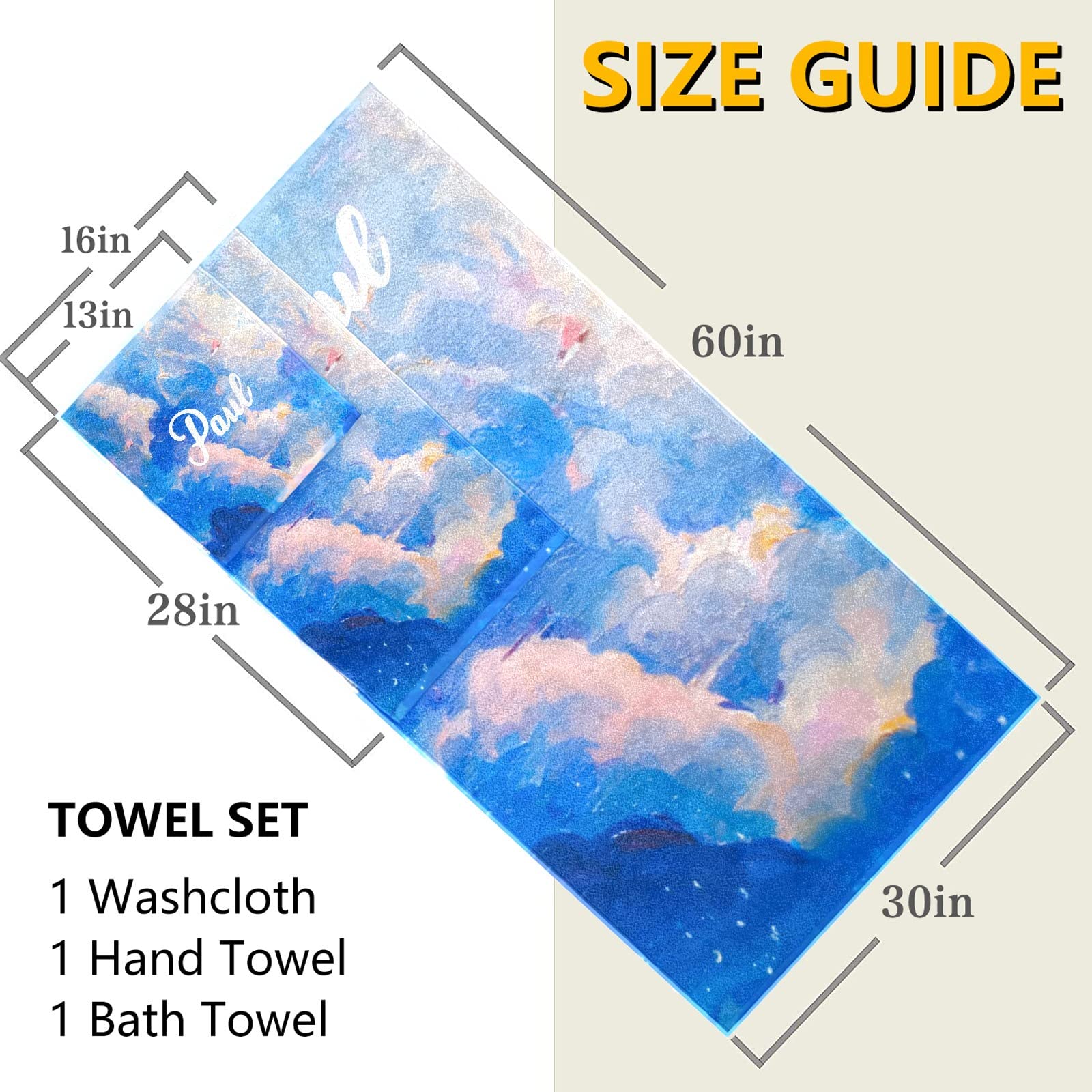 Custom Personalized Blue Sky Beach Towel Set of 3 with Name - Quick Dry Multipurpose Towels (1 Bath + 1 Hand + 1 Washcloth) for Bathroom Decor, Sun Protection & Poolside Relaxation