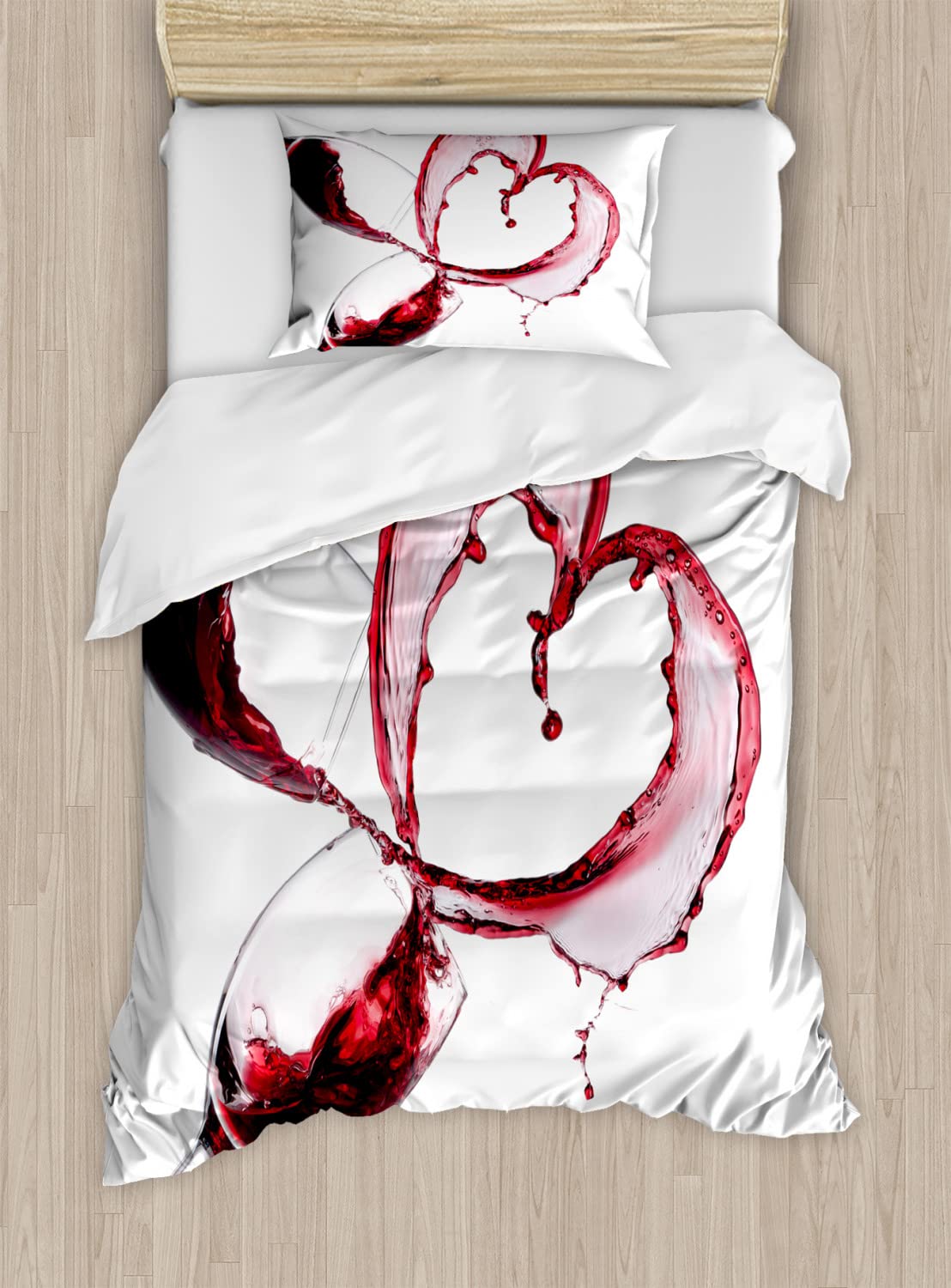 Ambesonne Wine Themed Duvet Cover Set - Romantic Heart Shaped Spilled Red Wine Design for Valentine's Day, 2-Piece Twin Size Bedding Set (Duvet Cover + Pillowcase) in Burgundy, White & Pink - Perfect for Couples Bedroom Decor & Anniversary Gifts