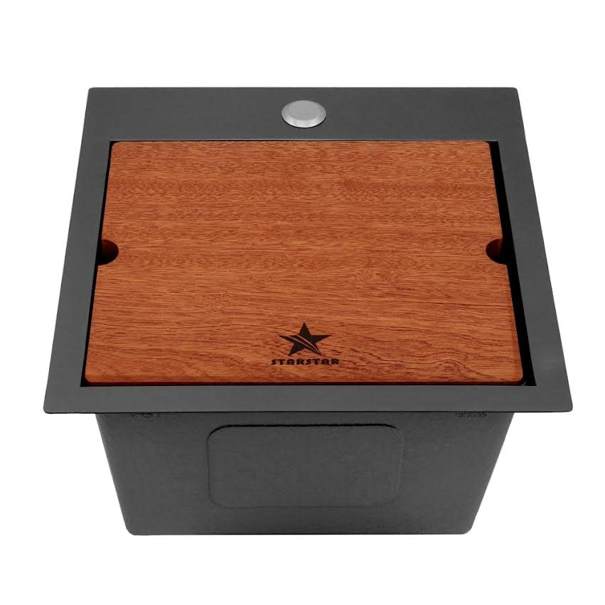 STARSTAR 15x15x9 Inch Black Matte Stainless Steel Single Bowl Kitchen Sink - Drop-in/Topmount Workstation Sink with Grid, Dark Cutting Board & Strainer - Perfect for Kitchen, Bar, Laundry, Office & Outdoor Use