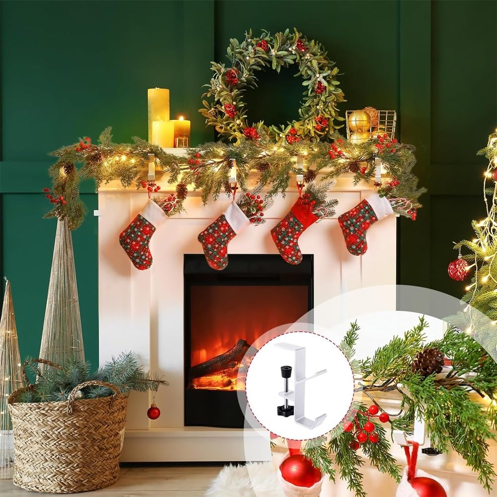 Heavy Duty 2-in-1 Fireplace Mantel Garland and Stocking Hangers with 2 Hooks - White Set of 4 - Christmas Decoration for Fireplace Mantel, Holiday Home Decor, Xmas Party & Winter Festival Decorating
