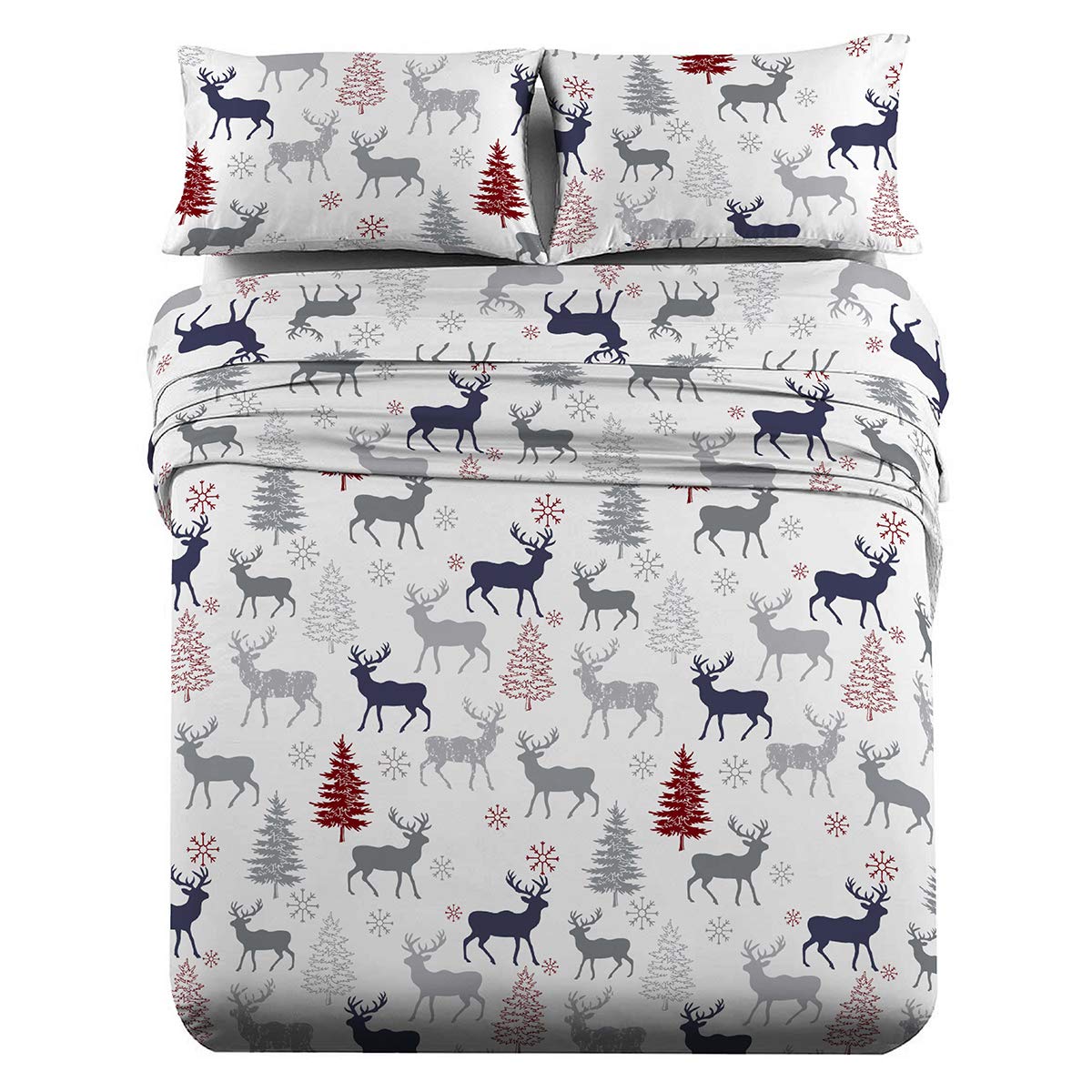 Royal Tradition Heavyweight Flannel King Size 4-Piece Bed Sheet Set - 100% Cotton, 170 GSM, Christmas Deer Print - Cozy Winter Bedding for Holiday Decor & Cold Weather Comfort