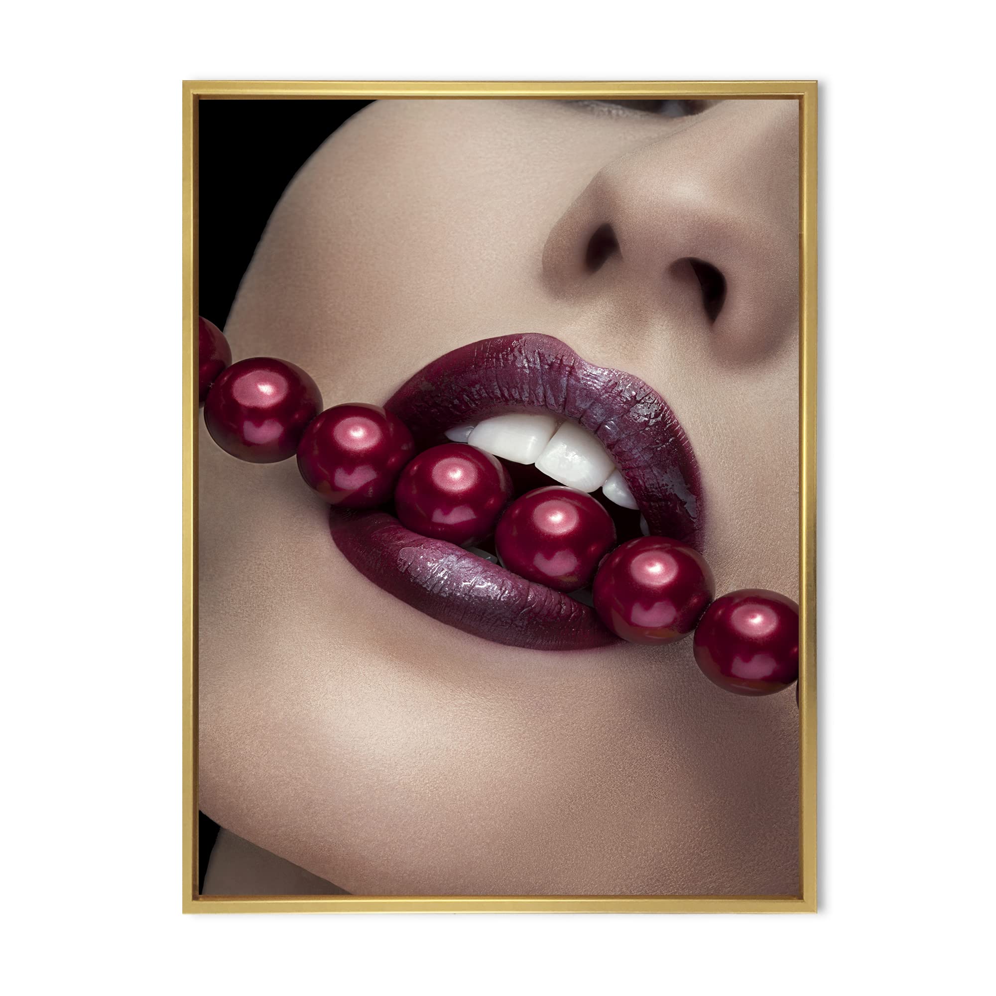 DesignQ Modern Framed Canvas Wall Art - Red Lips & Pearl Woman Portrait Painting for Living Room, Bedroom Decor | Home & Office Wall Decorations