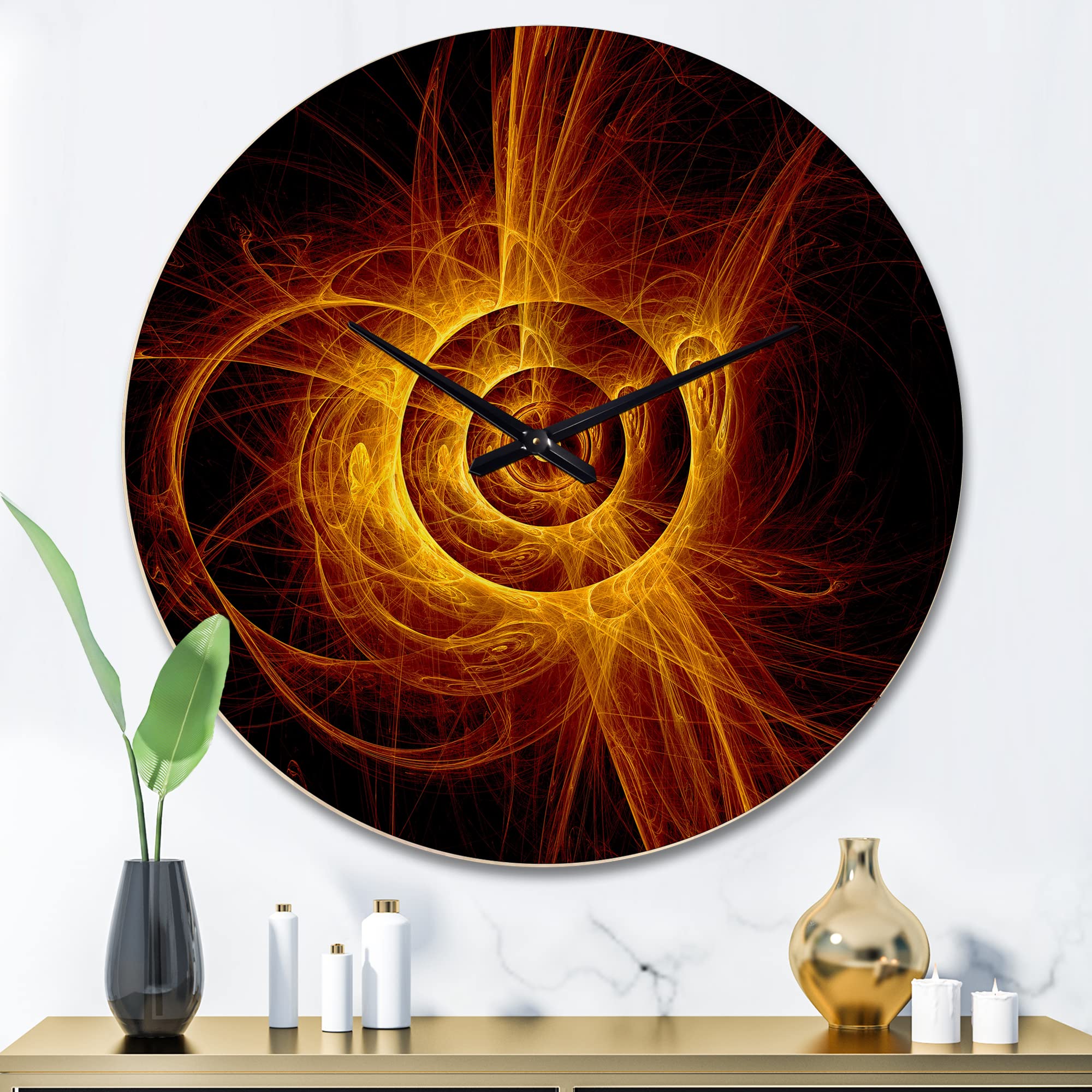 DesignQ 'The Yellow Flashing Flame' Modern Large Wood Wall Clock - Oversized Decorative Wooden Clock for Living Room, Bedroom & Office Décor | Perfect for Home, Office & Gift Giving