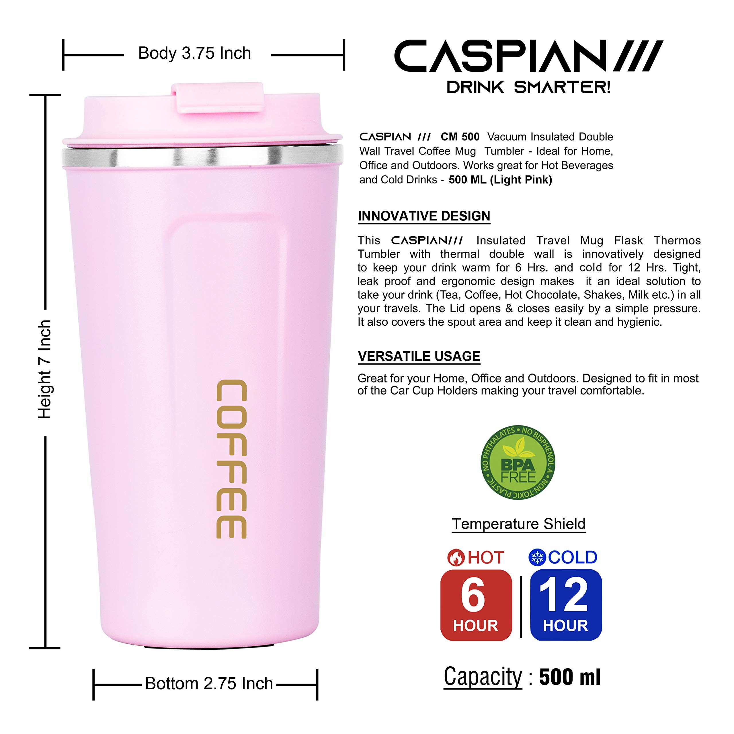Caspian Vacuum Insulated Tumbler 500ml - Light Pink for Coffee & Travel