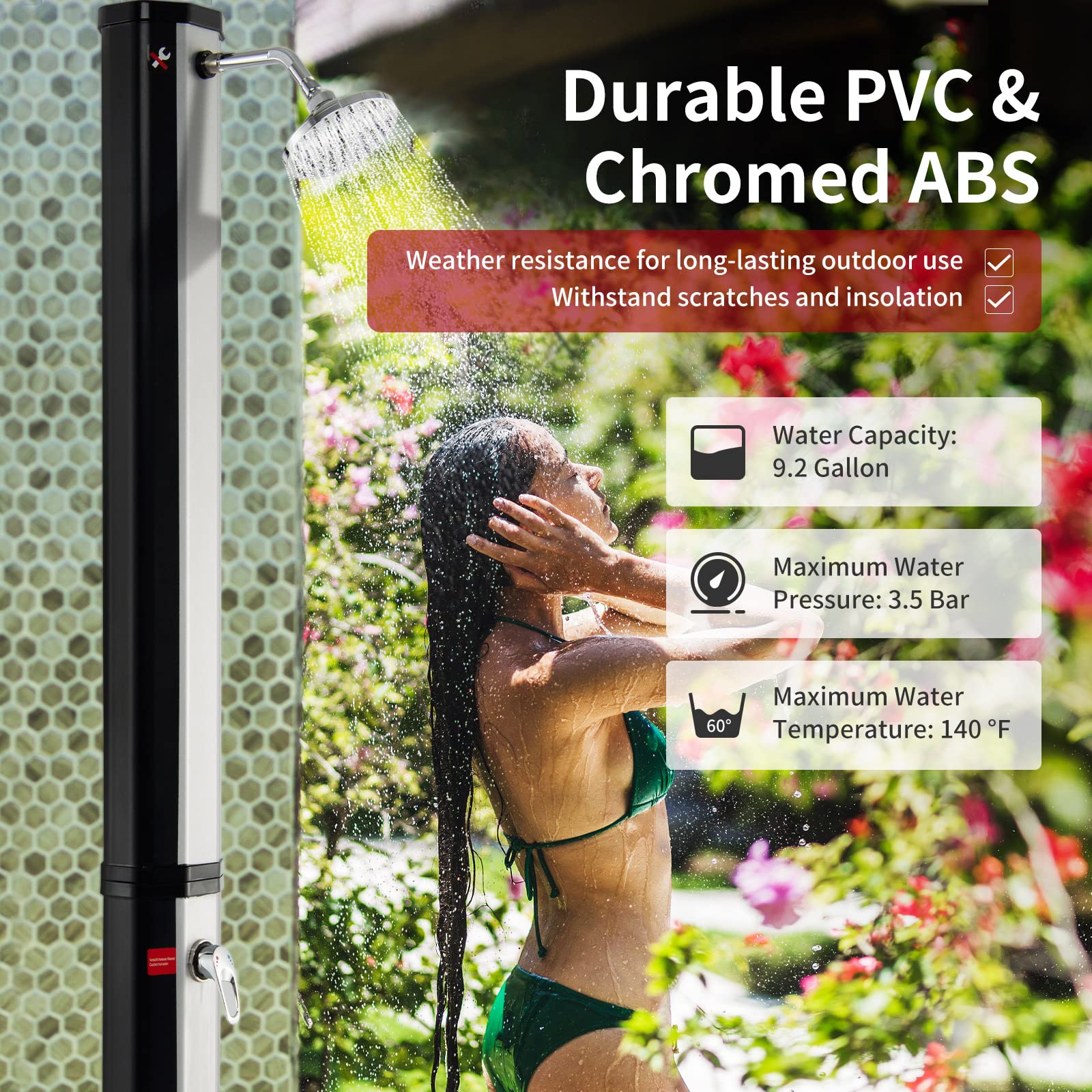 HappyGrill 7.2 FT Solar Outdoor Shower with 360° Swivel Shower Head & Foot Wash | Adjustable Temperature & Water Pressure | Easy Setup Freestanding Shower for Garden, Yard, Poolside, Beach & Camping | Perfect for Post-Swim Rinse, Pet Bathing & Outdoor Cleaning