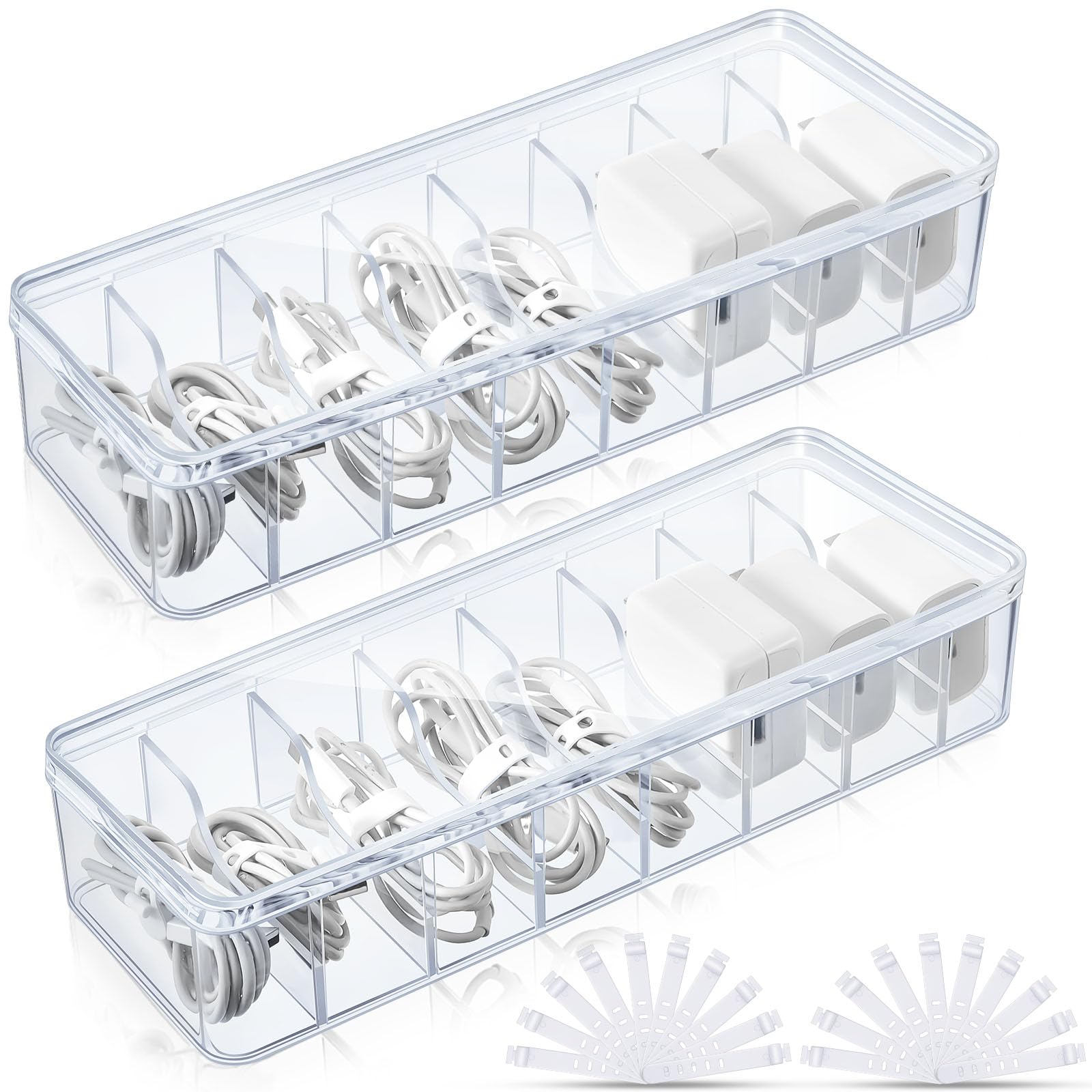 Tatuo 2-Pack Clear Plastic Cable Organizer Box with Lid & 20 Wire Ties - Cord Storage Solution for Electronics, Chargers, Home Office Desk Accessories - Perfect for Cable Management in Workspaces & Entertainment Centers