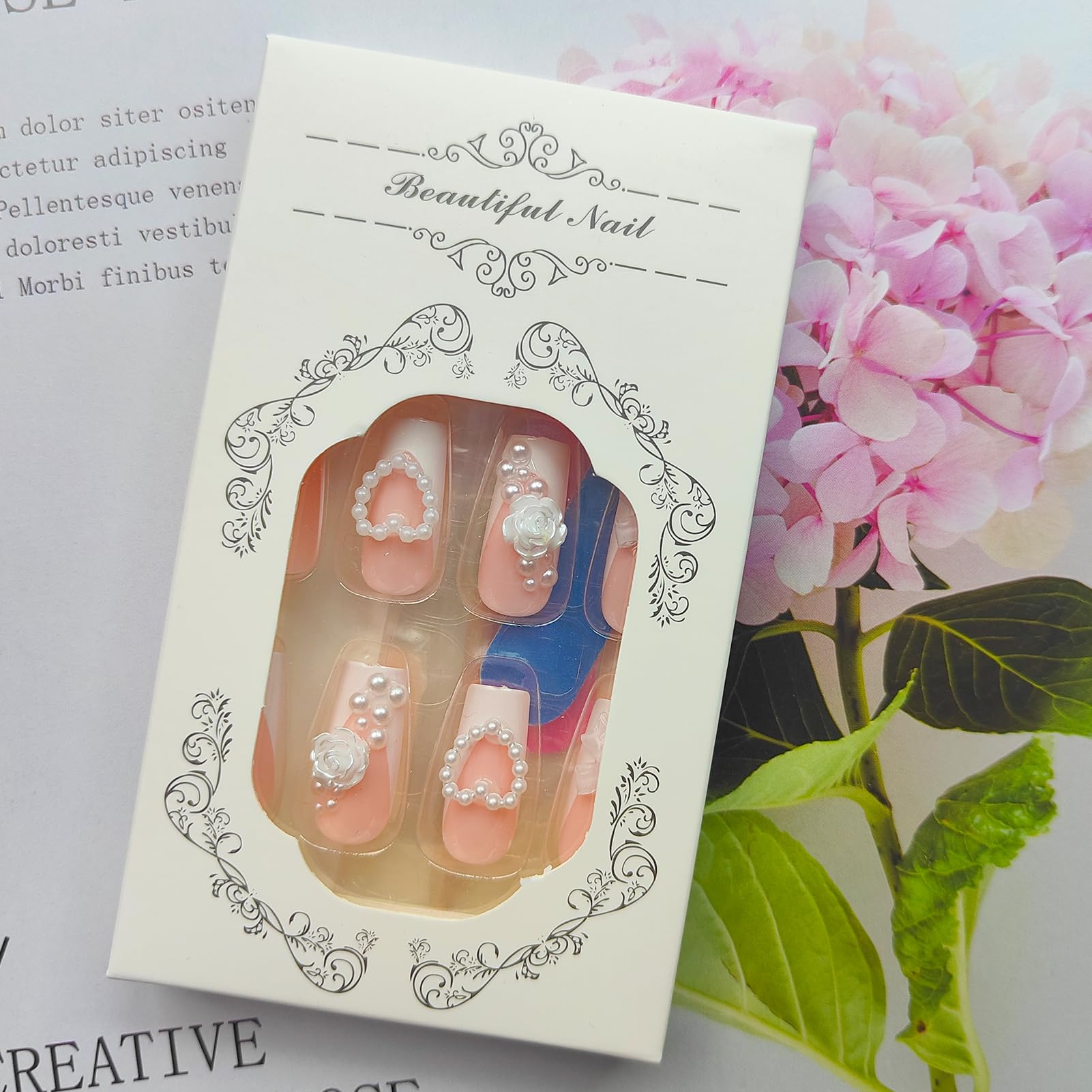 French Tip Press on Nails - Medium Square Fake Nails with 3D Bow Flower Design - Glossy White & Rose Pearl Acrylic Nails - Full Cover Coffin False Nails for Women & Girls - 24Pcs - Perfect for Parties, Weddings, and Special Occasions