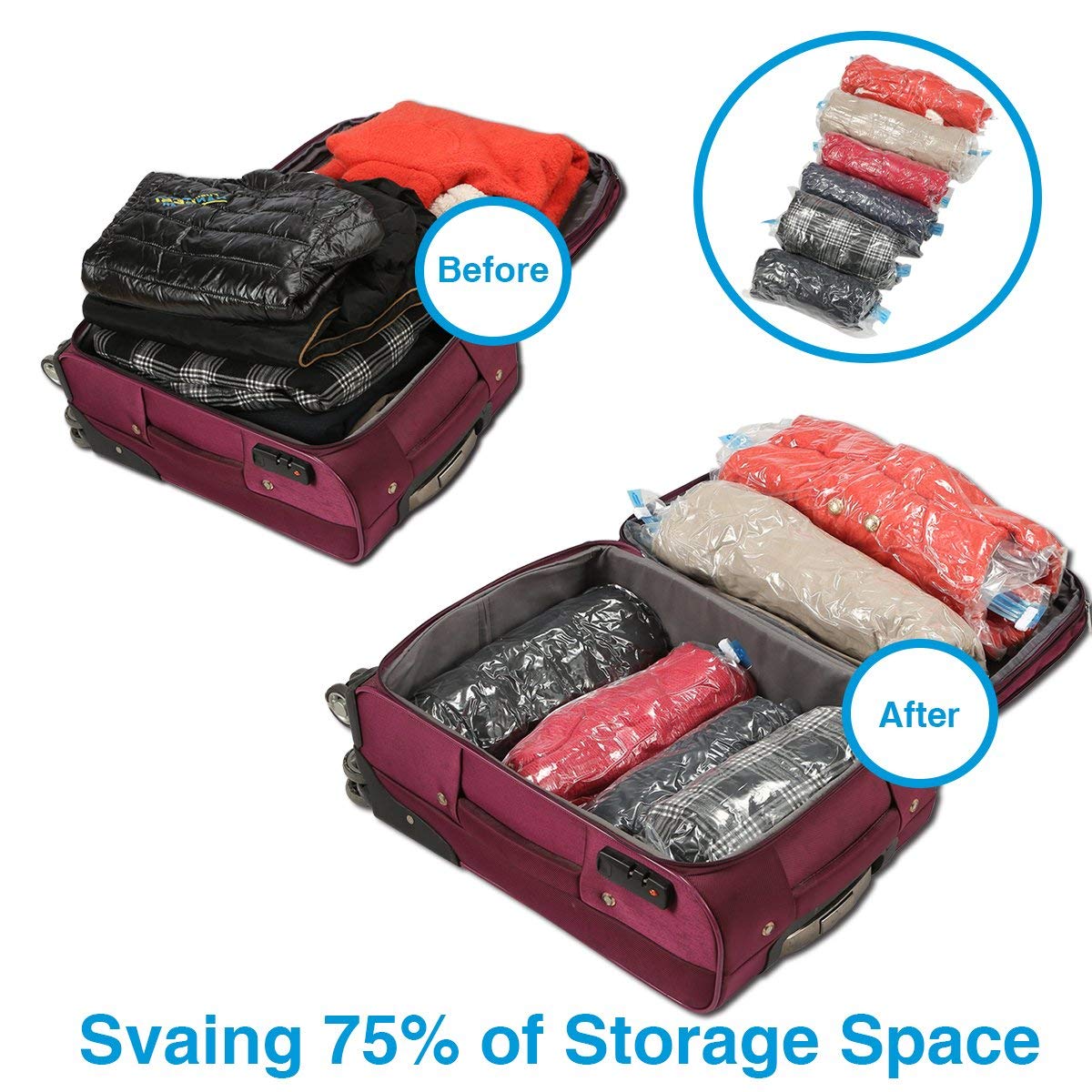 8-Pack Travel Compression Storage Bags for Clothes - Space Saving Vacuum Bags for Suitcases (No Pump Needed) - Perfect for Vacation Packing, Camping & Business Trips