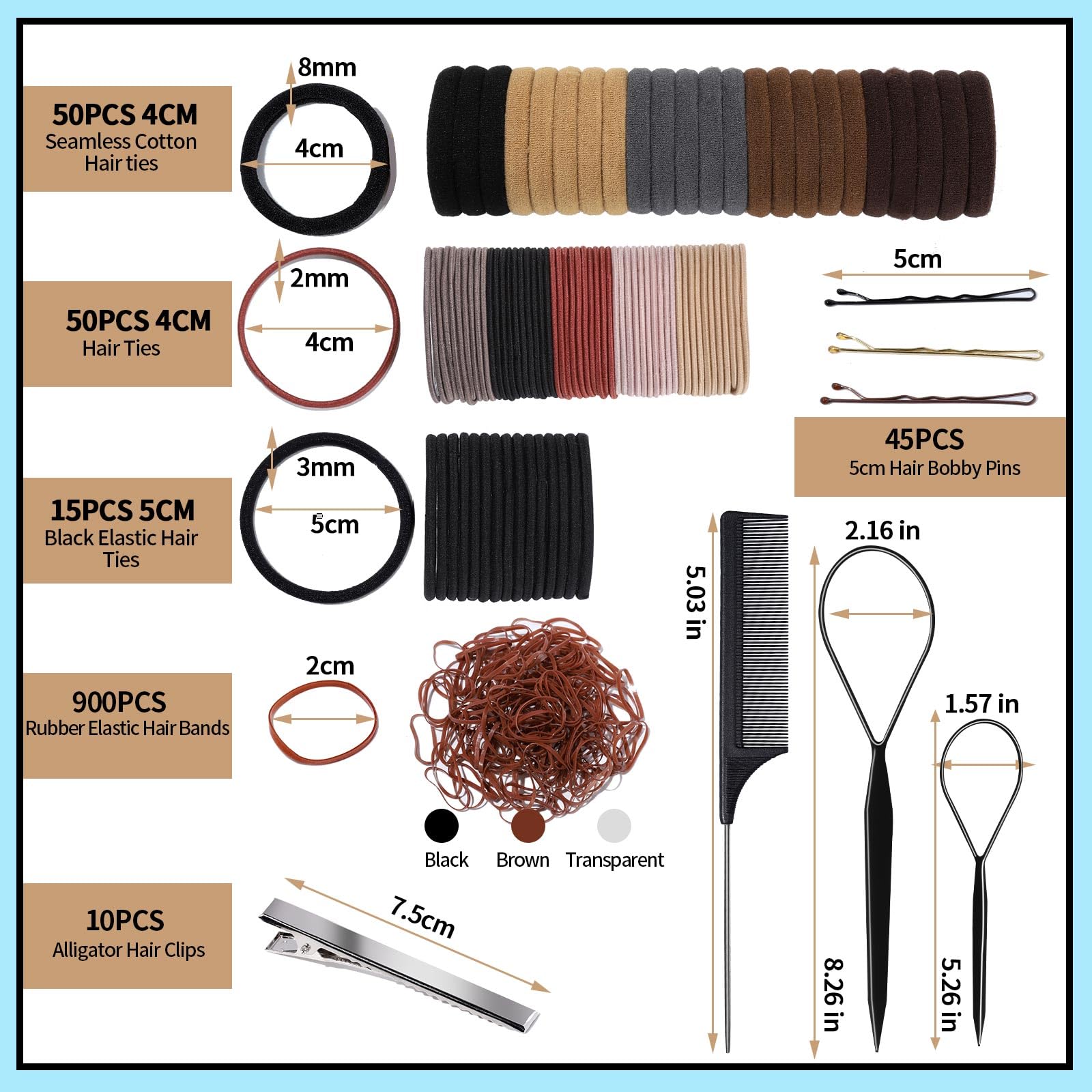 FANDAMEI Hair Accessories Kit for Women - 50 Pcs Elastic Hair Ties, Cotton Headbands, Rubber Bands, Bobby Pins & Rat Tail Comb - Perfect for School, Work, Gym and Everyday Styling