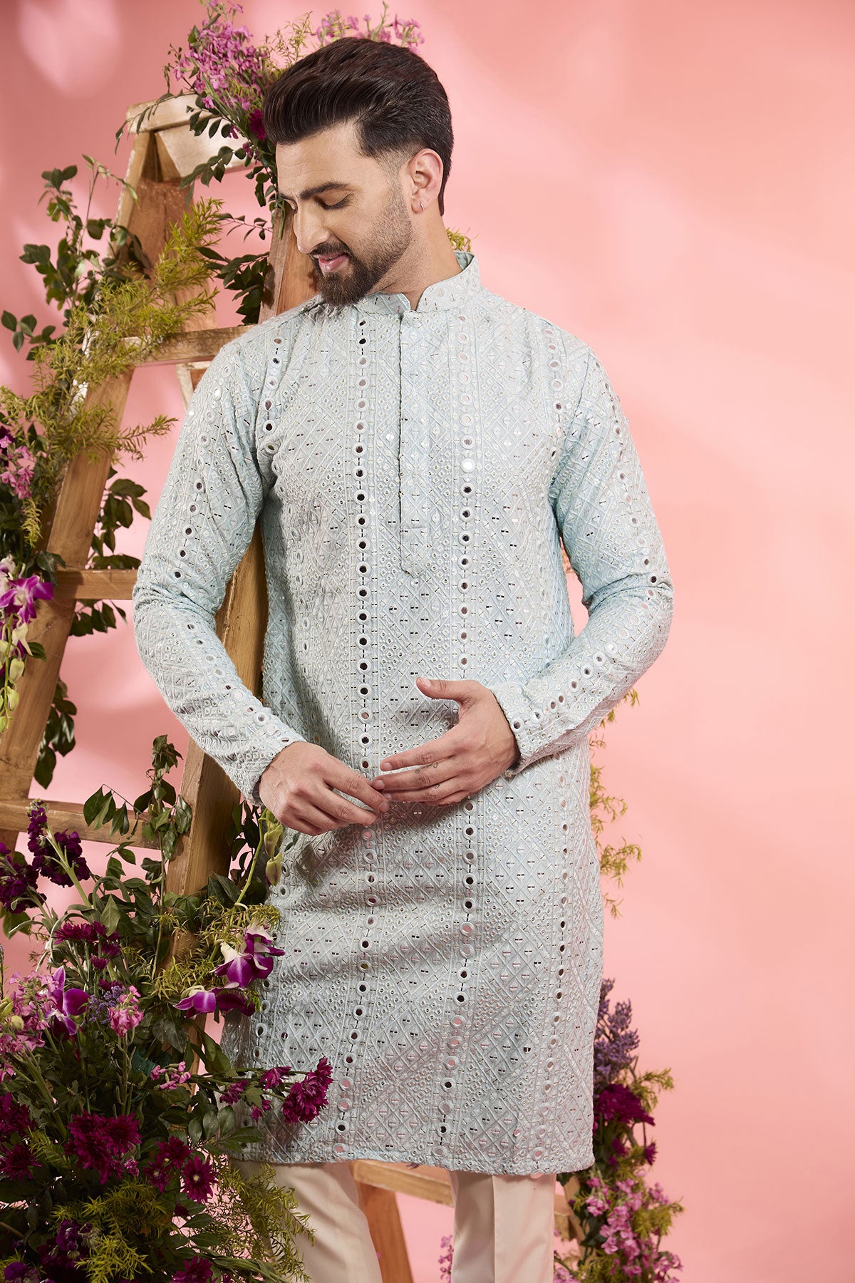 Elegant Powder Blue Silk Kurta with Mirror Work Embroidery - Perfect for Festivals, Weddings, and Special Occasions