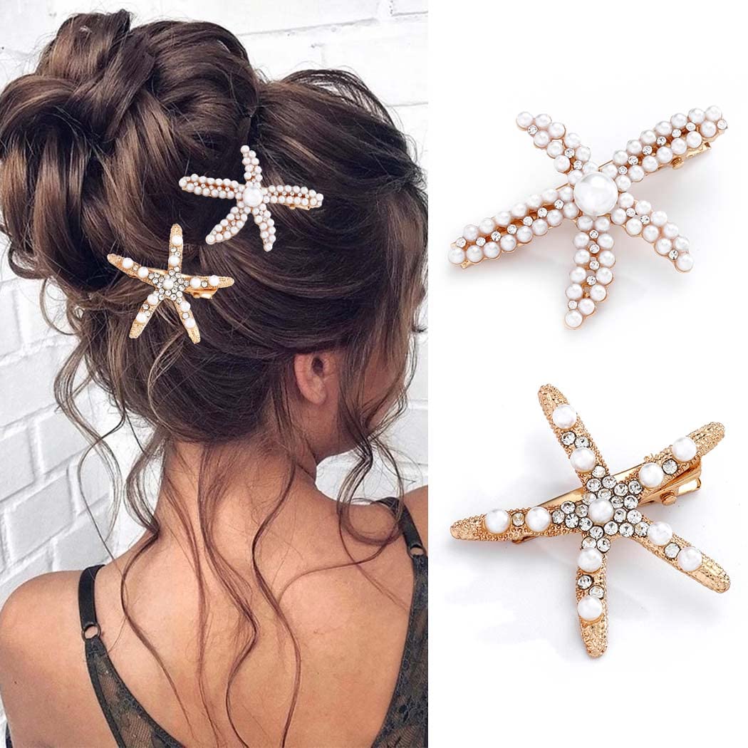 BARTOSI Gold Pearl Starfish Hair Clips - Elegant Mermaid Hair Barrettes for Women & Girls (Pack of 2) | Perfect for Beach Weddings, Summer Parties & Boho Fashion Accessories