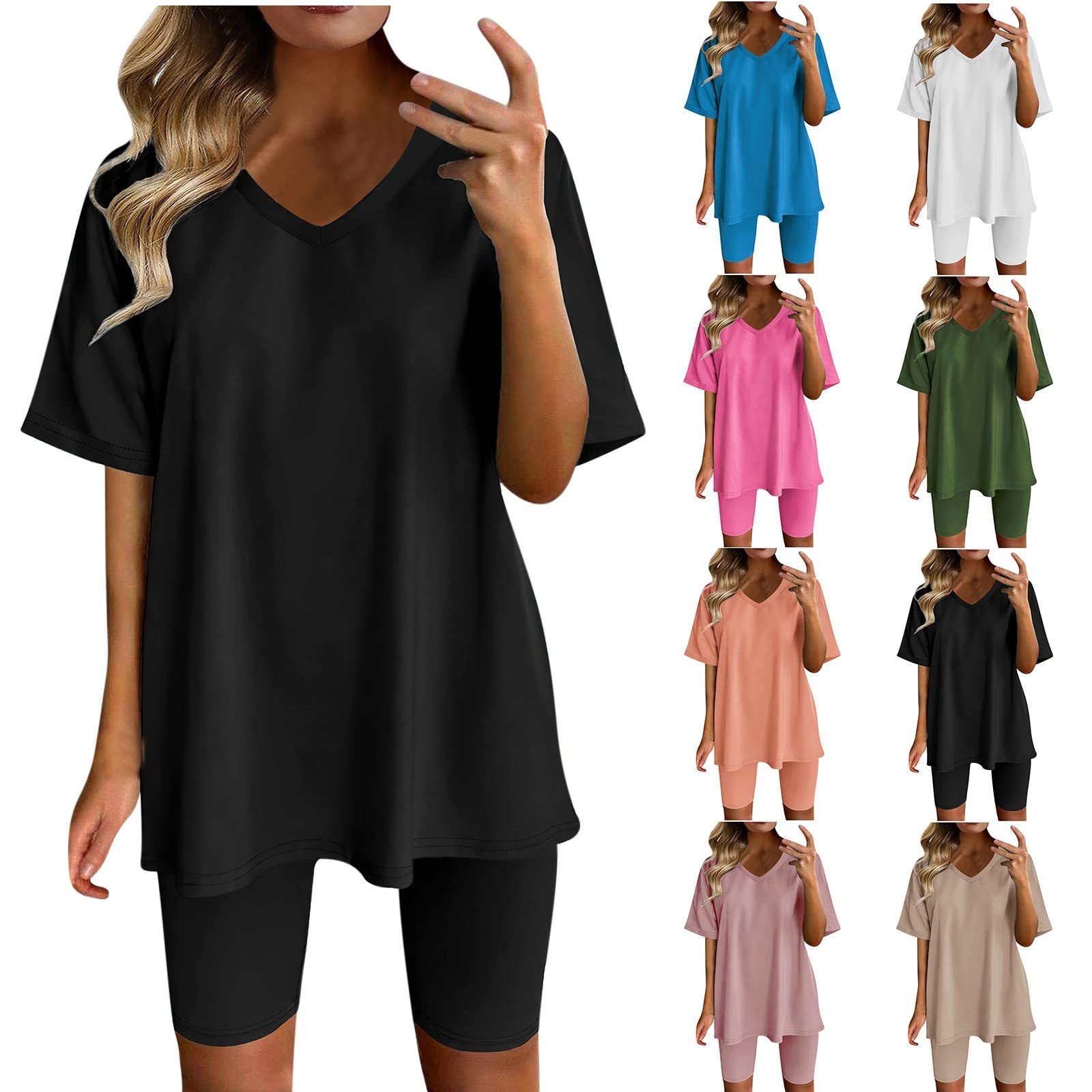 Women's 2-Piece Summer Outfit - Oversized V-Neck T-Shirt & Biker Shorts Set | Lounge Wear, Workout, Yoga & Casual Street Style