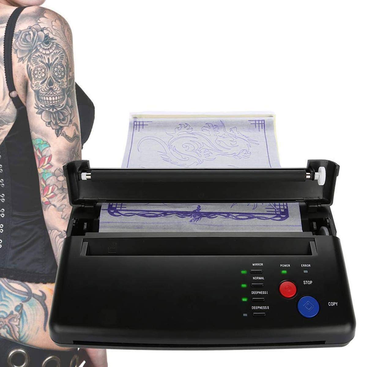 BYCDD Portable Tattoo Transfer Stencil Machine - Thermal Copier Printer for Tattoo Artists, Includes Transfer Paper & Power Supply (Black, 24x13x33cm) - Perfect for Tattoo Studio, Body Art Design & Professional Tattoo Equipment