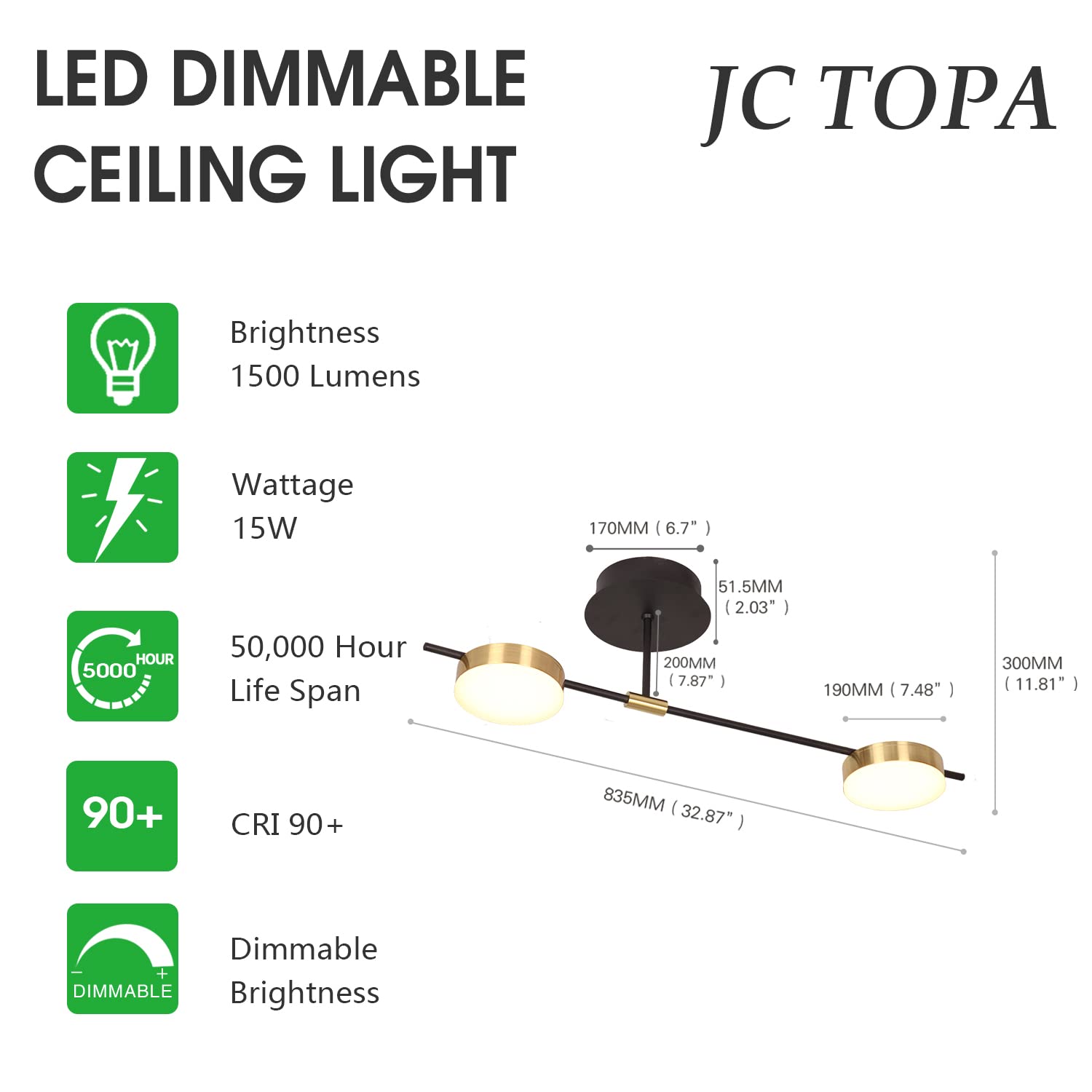 Modern 15W 2-Light Dimmable LED Semi Flush Mount Ceiling Light Fixture - Black & Gold 3000K Warm White for Dining Room, Kitchen, Living Room, Bedroom, Office | Energy Saving Home Lighting for Modern Interior Decor
