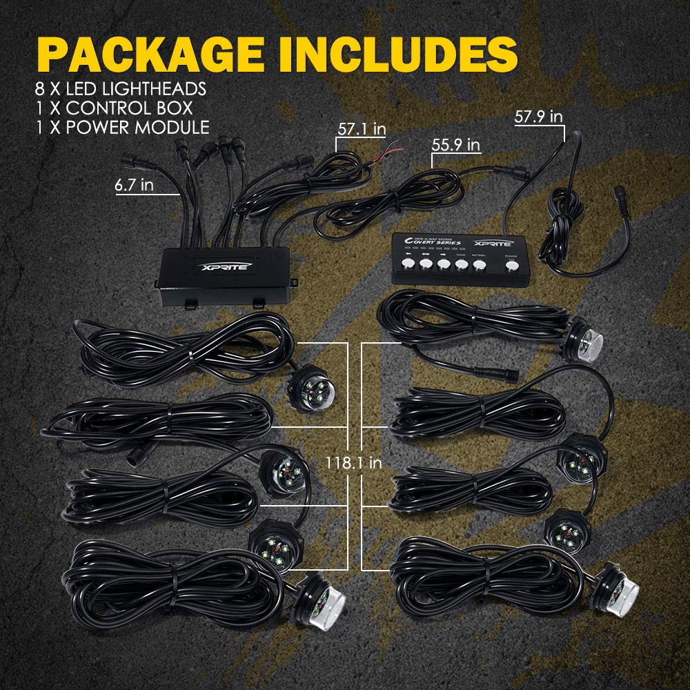 Xprite Amber LED Hideaway Strobe Lights Kit - 20 Flashing Patterns with Control Panel for Headlights, Taillights & Fog Lights | Universal Fit for Emergency Vehicles, Trucks, SUVs, Vans, UTVs & ATVs (8-Piece Set) - Perfect for Roadside Safety, Off-Road Adventures & Emergency Signaling
