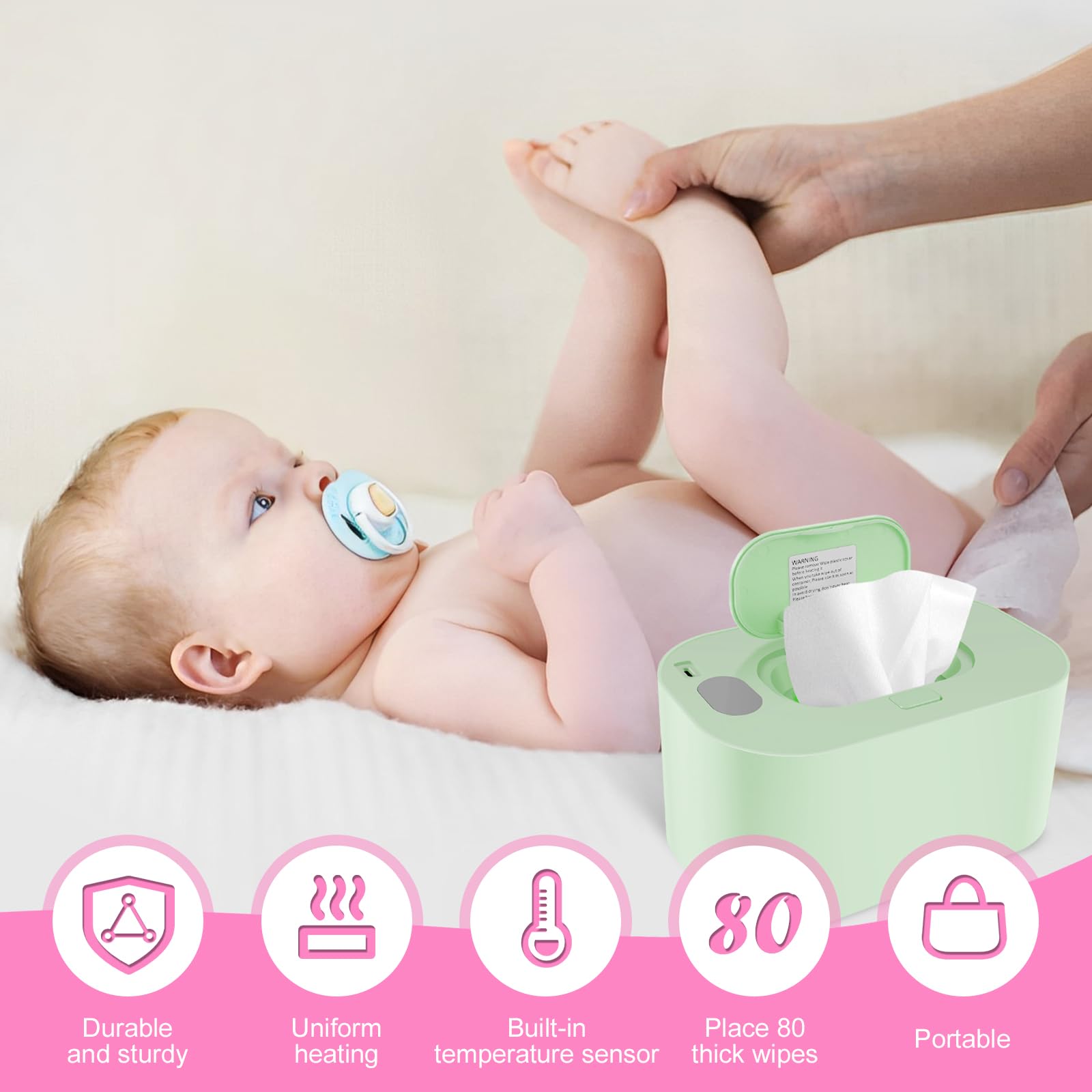 USB Baby Wipe Warmer with Temperature Display - Portable & Large Capacity Wet Wipes Dispenser for Newborns - Even Heating for Gentle Skin Care - Perfect for Home, Nursery & Travel (Green)