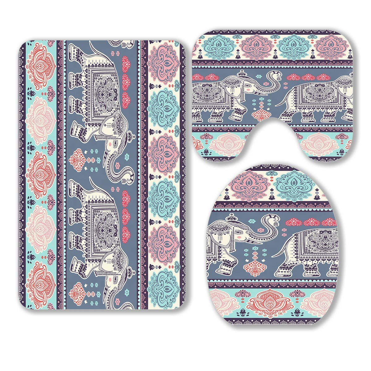ECZJNT Lotus Ethnic Elephant African Tribal 3-Piece Bathroom Rug Set - Non-Slip Bath Mat, Contour Mat & Toilet Lid Cover - Boho Decor for Bathroom, Vanity & Laundry Room