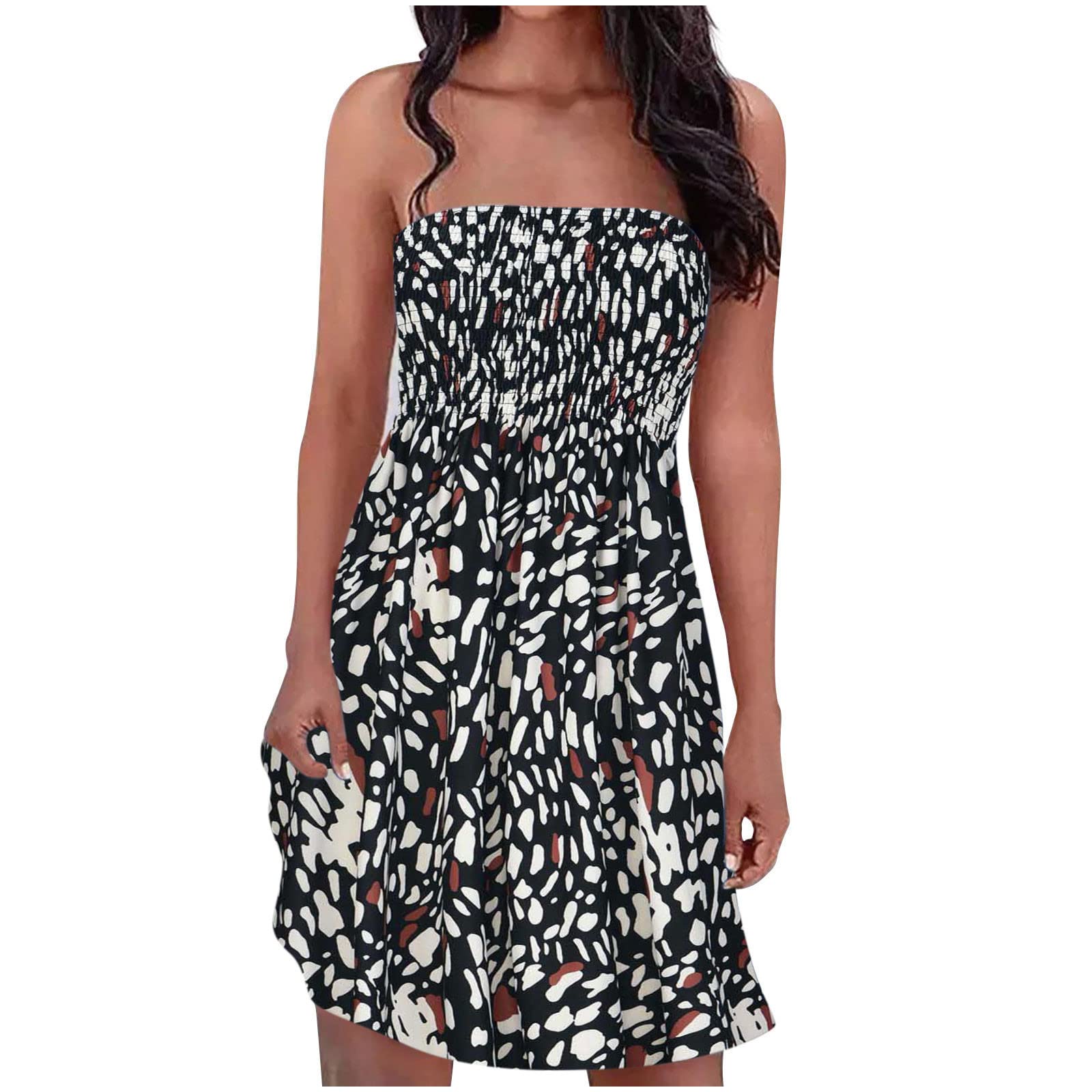 Women's Bohemian Strapless Floral Print Dress - Elastic Band Sleeveless Summer Dress for Beach, Vacation & Party Wear