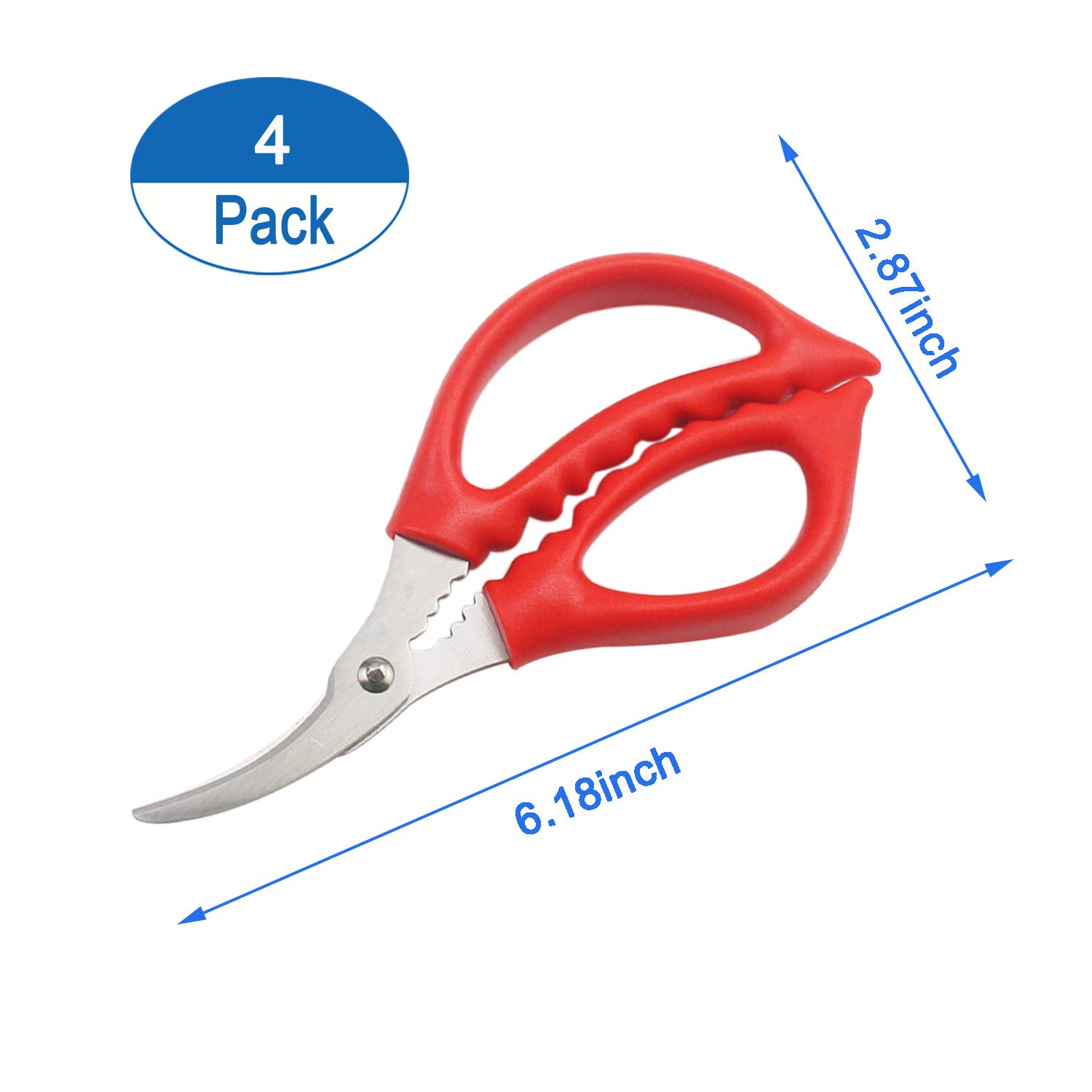 4 Pack Stainless Steel Seafood Scissors - Heavy Duty Kitchen Shears for Crab, Lobster, Fish - Multi-Purpose Cooking & Shelling Tool (Red) - Perfect for Seafood Lovers, Home Chefs & Restaurant Use