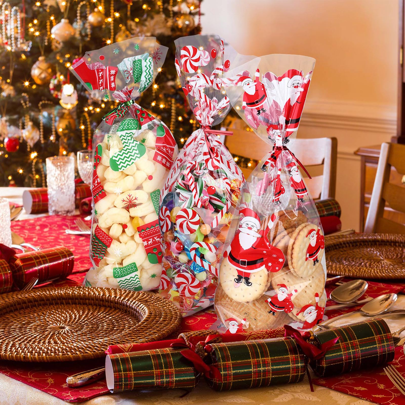 200 Pcs Christmas Cellophane Bags with 300 Twist Ties - 4 Styles for Holiday Candy, Cookies & Party Favors - Perfect for Christmas Treats, Gift Wrapping & Themed Party Supplies